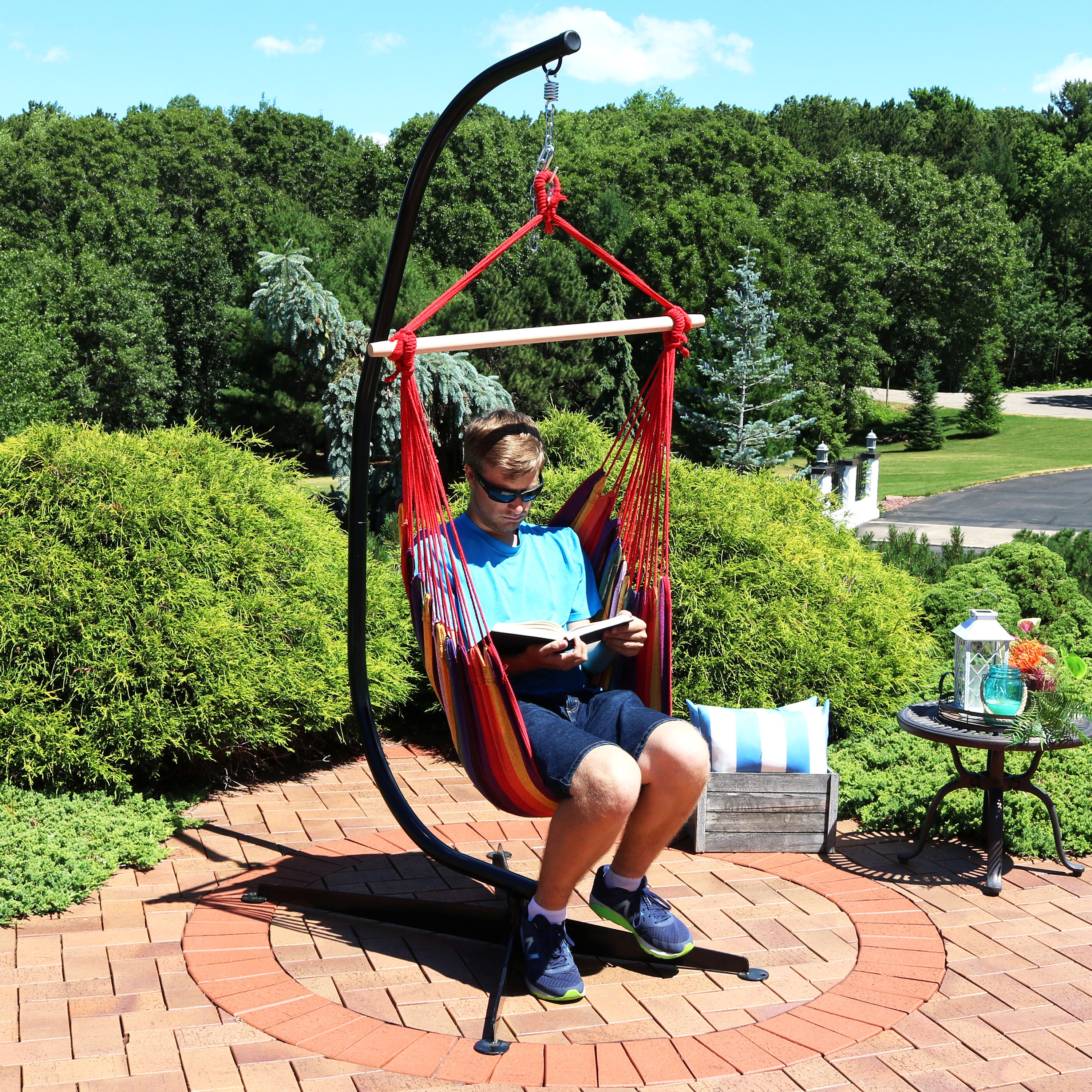 Sunnydaze Outdoor Hanging Hammock Chair with C Stand - Heavy Duty Cotton Rope Swing Seat for Patio, Garden, Backyard & Porch Relaxation