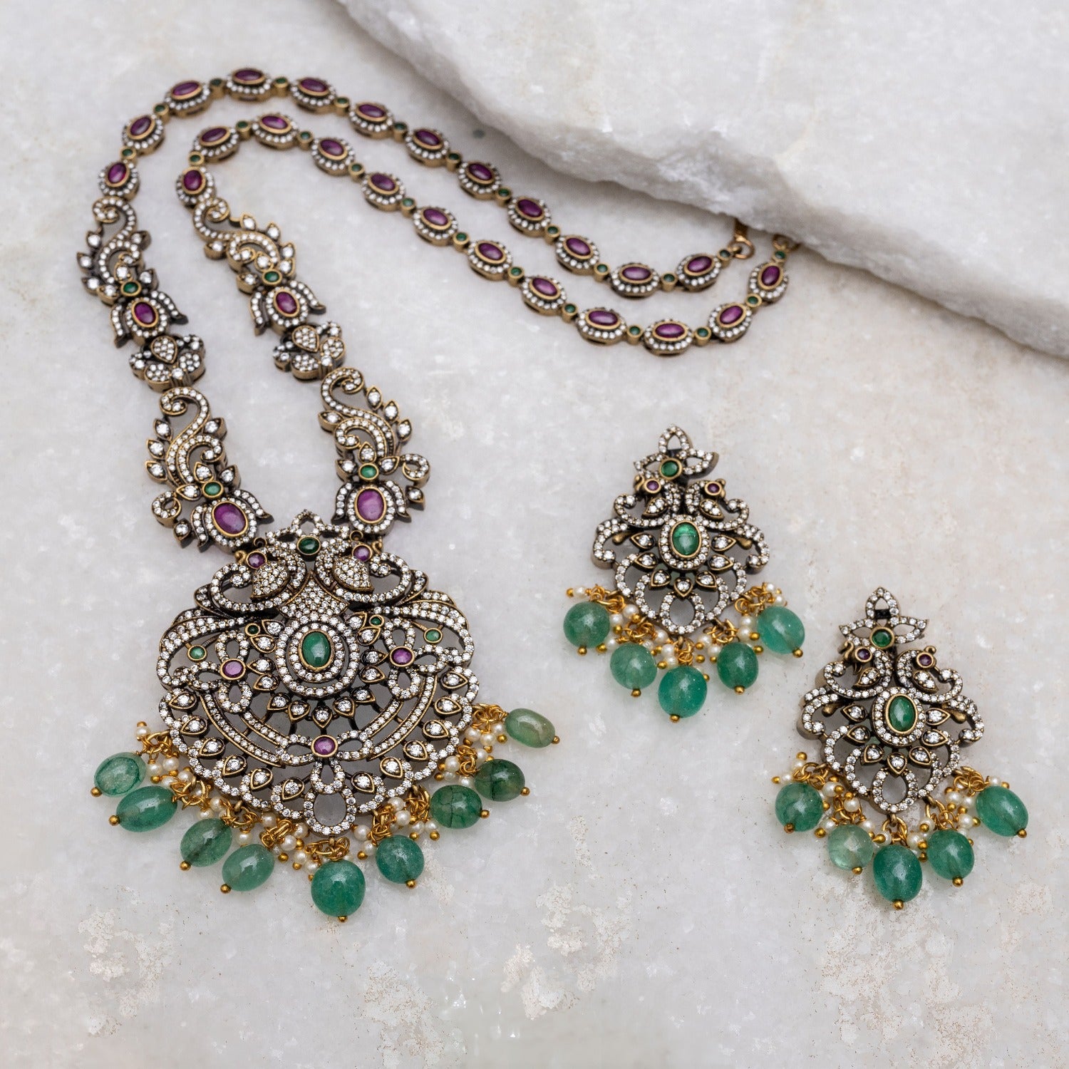 Elanor Nakshatra Cubic Zirconia Long Necklace Set - Elegant Women's Jewelry for Parties, Weddings & Special Occasions | Perfect Gift for Her