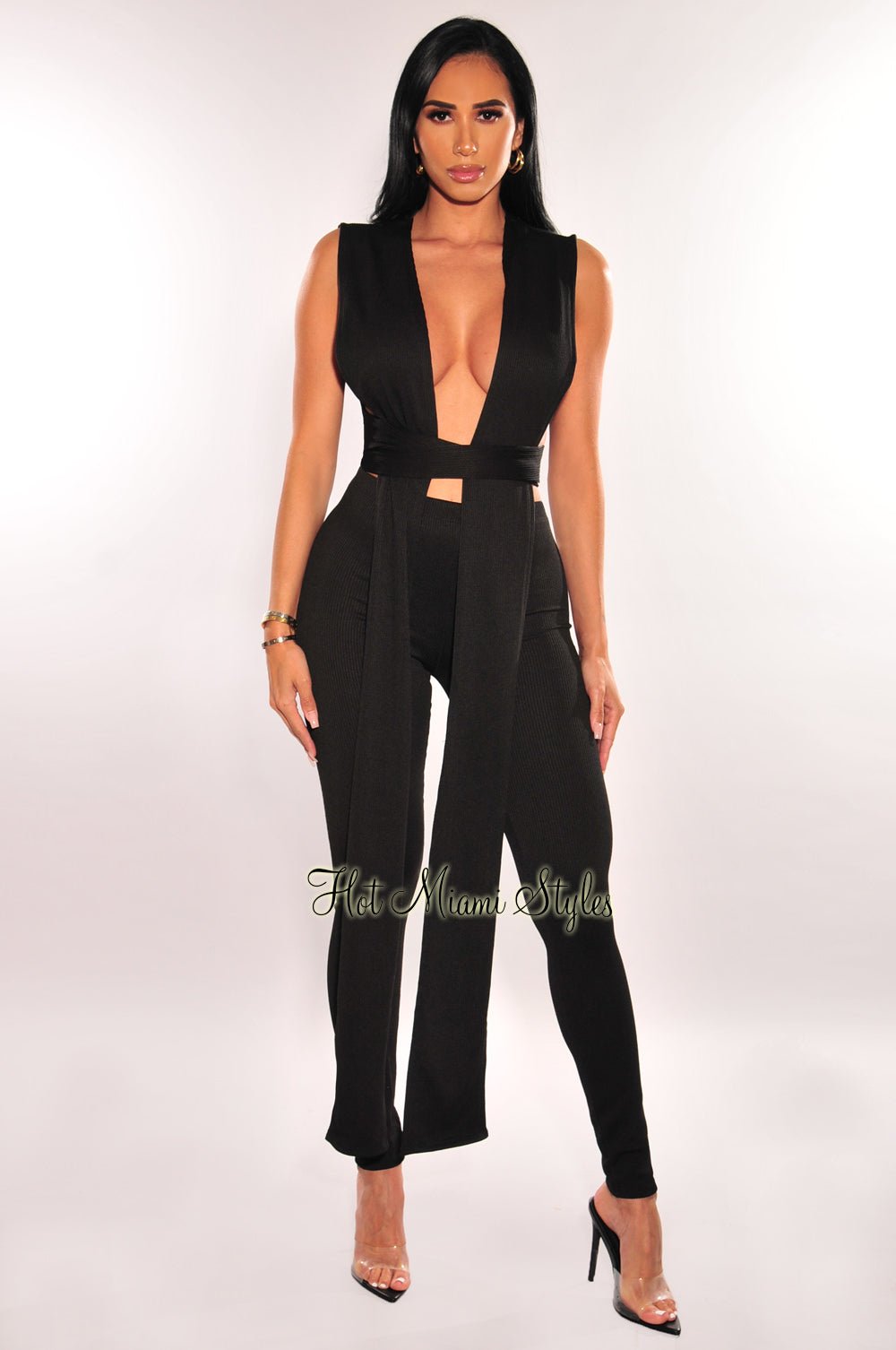 Black Knit Sleeveless Wrap Around Leggings Two Piece Set - Women's Stretchy Yoga Outfit for Workout, Lounge & Casual Wear