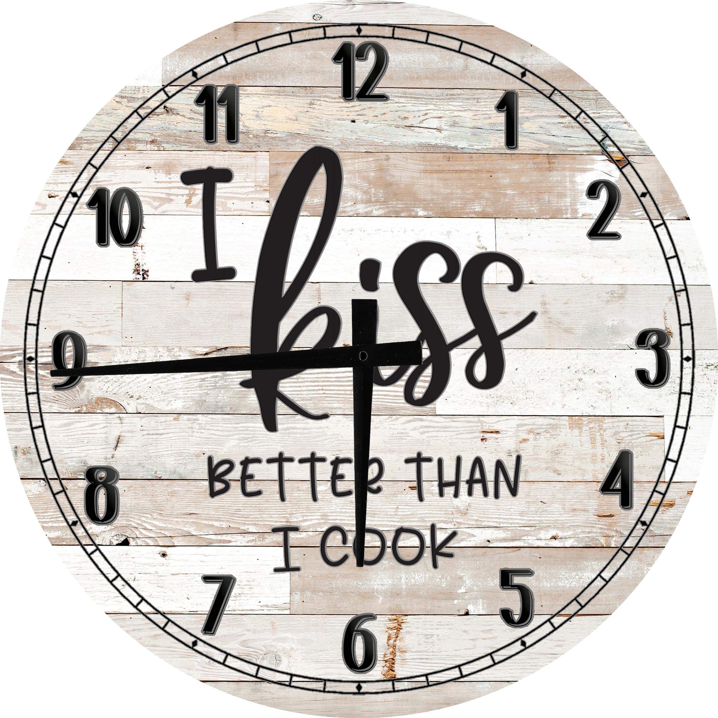 Funny Kitchen Wall Clock - 'I Kiss Better Than I Cook' Large 18 Inch Round Wood Decor for Home, Office, or Gift