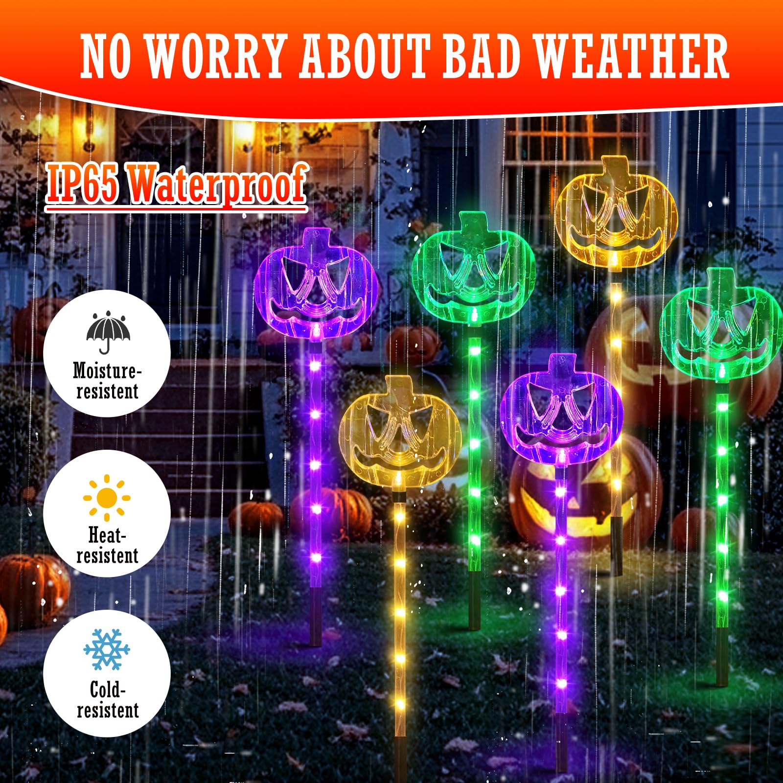 6-Pack Solar Halloween Pumpkin Garden Stake Lights - Waterproof Outdoor Halloween Decor for Yard, Patio, Pathway & Grave - Perfect for Spooky Halloween Night Decorations & Party Lighting