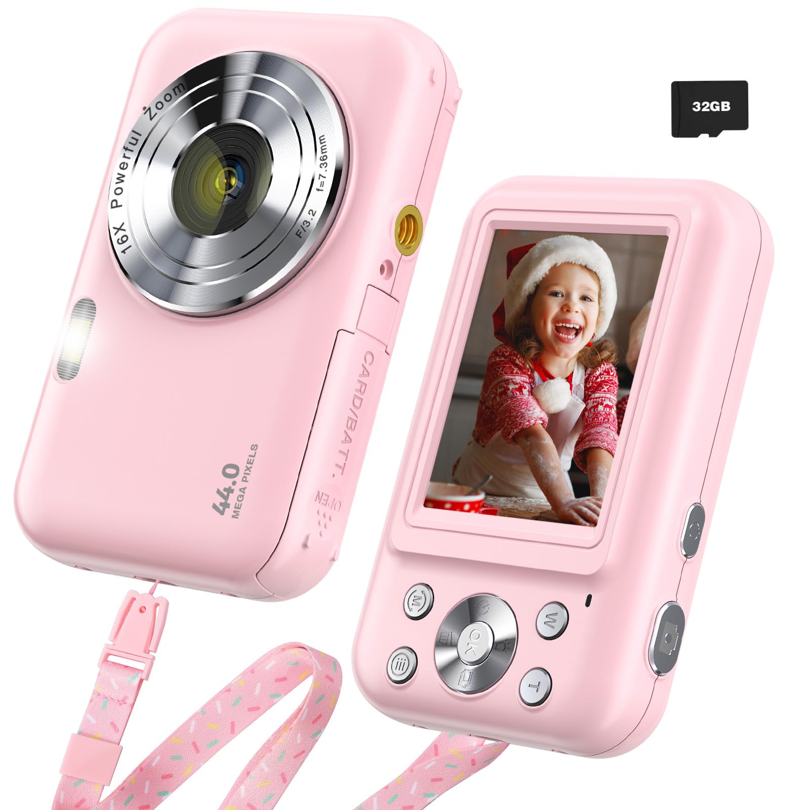 44MP Kids Digital Camera with 1080P FHD Video, 16X Zoom & Anti-Shake - 32GB Memory Card Included | Perfect Gift for Teens, Boys & Girls | Compact Point and Shoot Camera with Fill Flash (Pink) | Great for Birthday Gifts, Travel Photography & First-Time Photographers