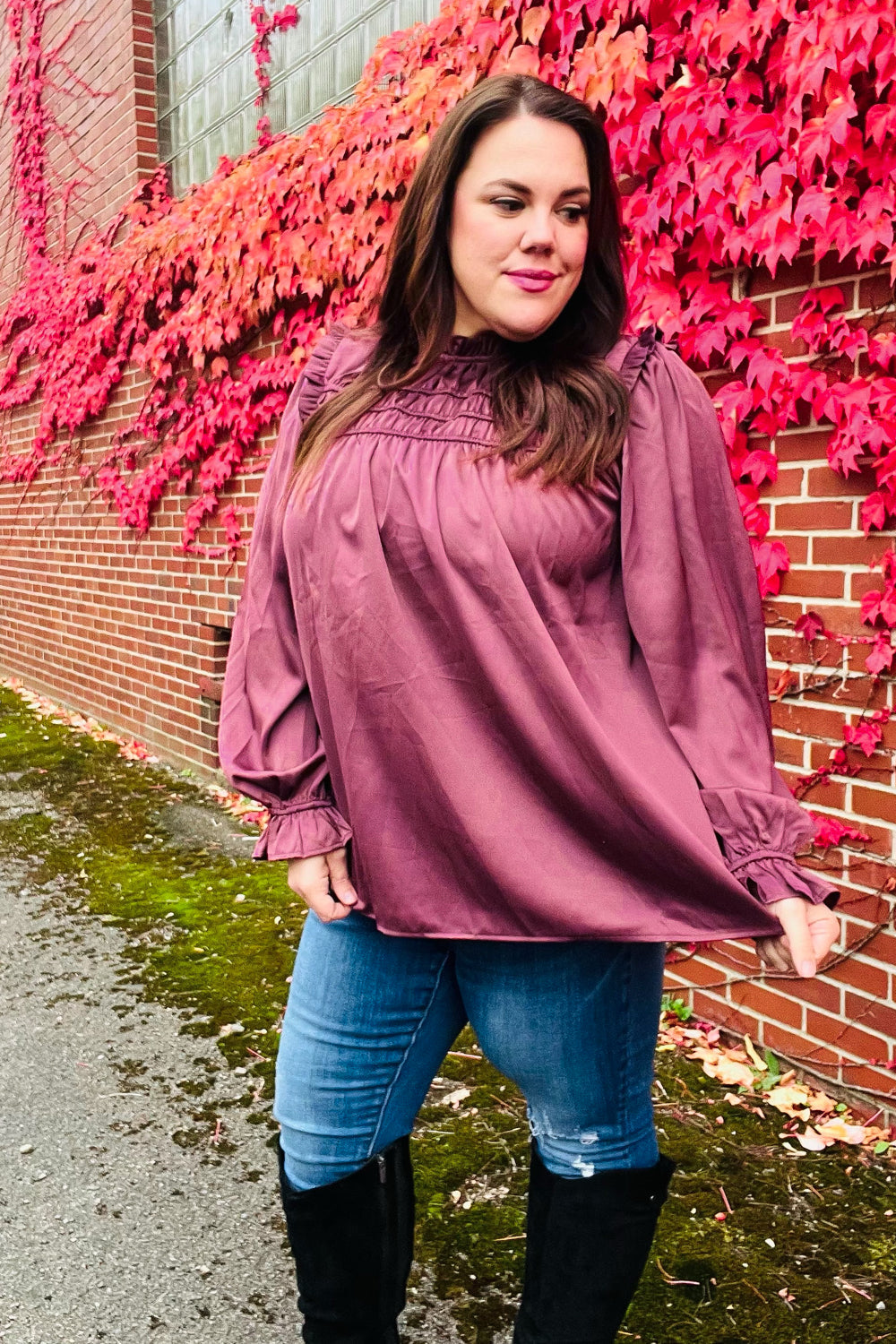 Stylish Wine Satin Shirred Yoke Frilled Mock Neck Top for Women | Elegant Blouse for Date Night, Parties & Special Occasions