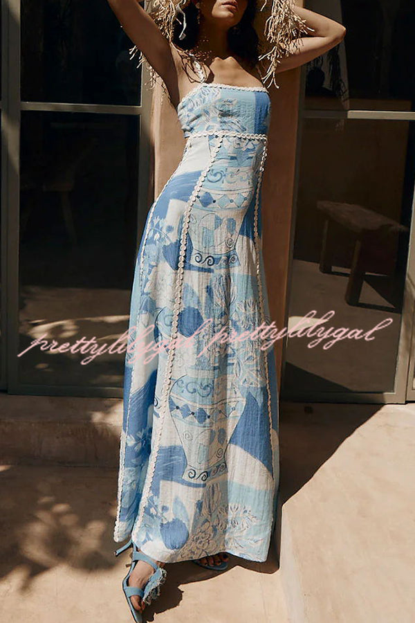 Terrazza Ric Rac Trims Unique Print Back Tie-Up Slip Flared Maxi Dress for Women | Summer Beach Wedding Party Outfit