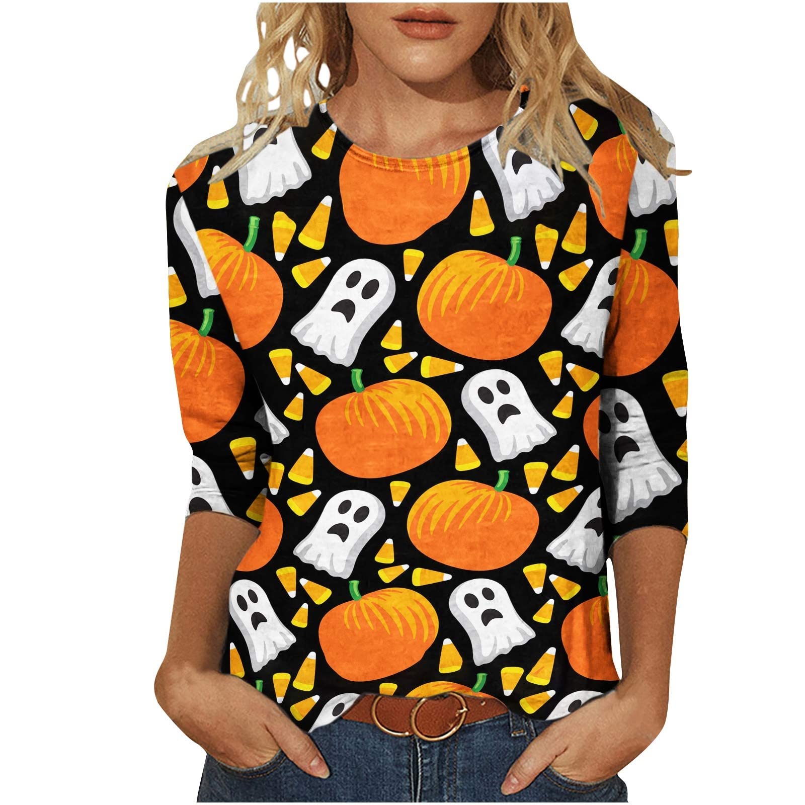 Women's Halloween Pumpkin Long Sleeve Graphic T-Shirt - Cute Bat Print Fall Outfit for Parties, Cosplay & Seasonal Fashion