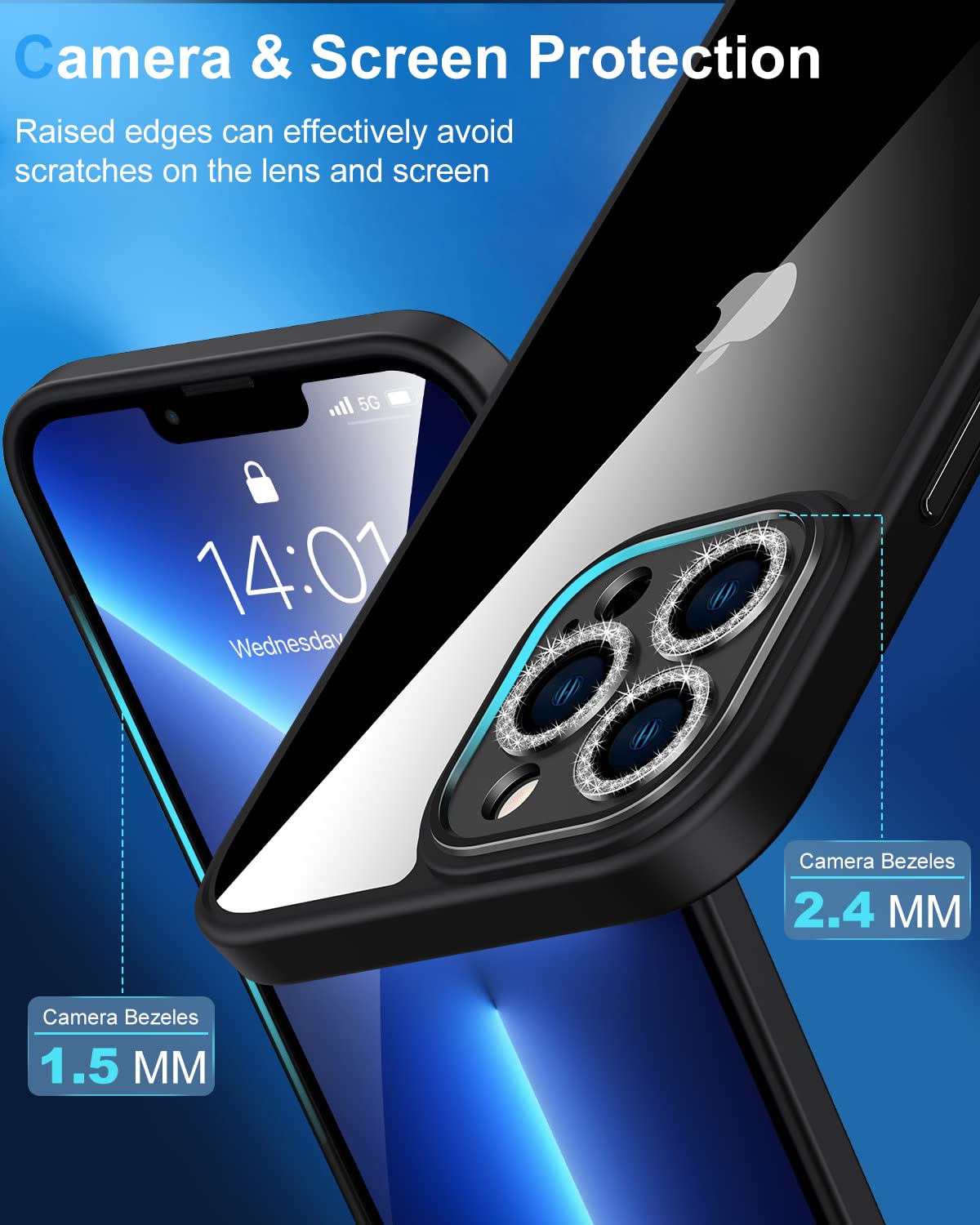 Gospire Clear Anti-Yellowing TPU Case for iPhone 13 Pro Max 6.7 Inch - Military Grade Protection with Bling Camera Lens Cover - Slim Protective Phone Case for Women & Girls (Black) | Perfect for Everyday Use, Work & Travel