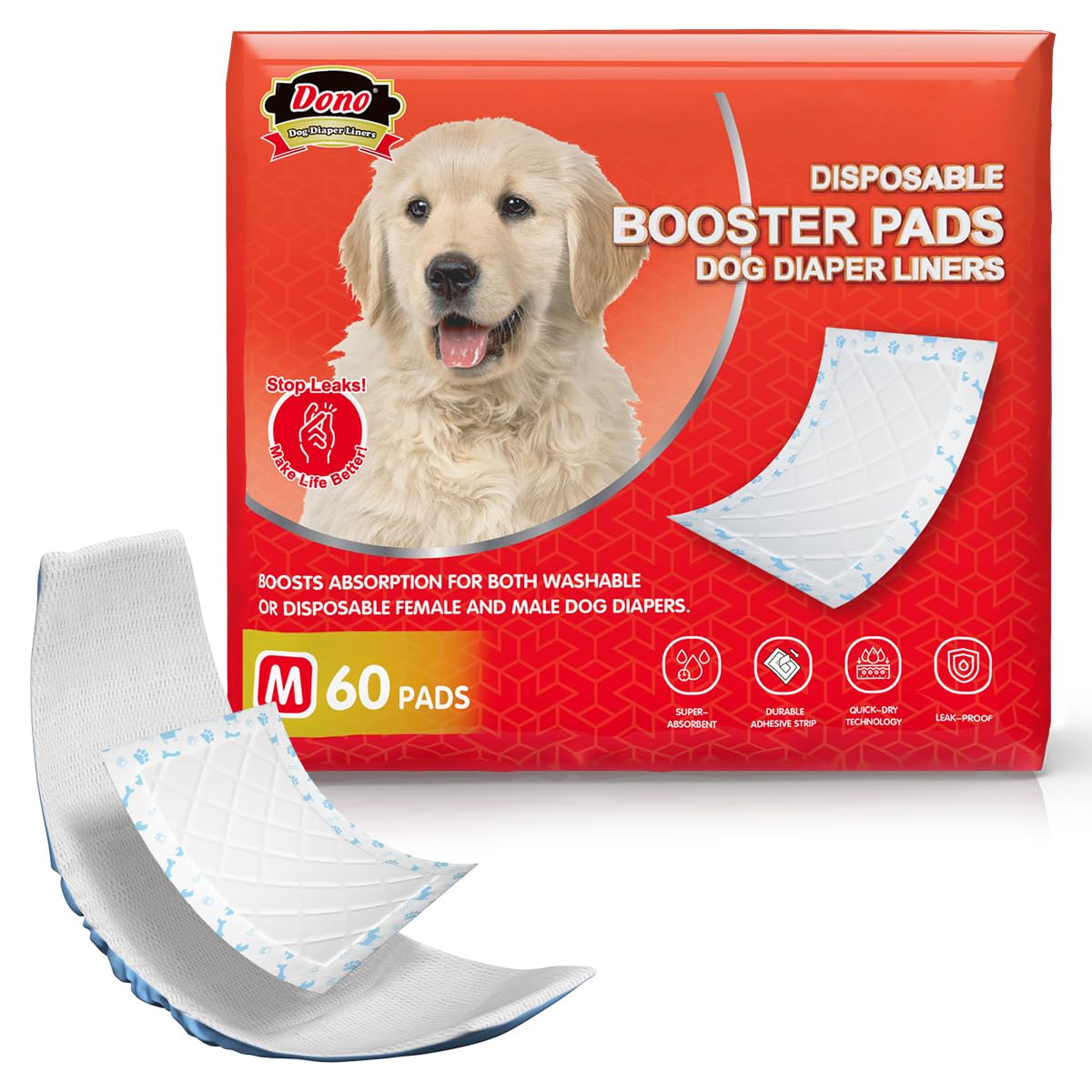 Super Absorbent Disposable Dog Diaper Liners - 60 Count Pack | Fits Washable Dog Diapers for Female & Male Dogs | Ideal for Belly Bands, Wraps & Incontinence Protection | Perfect for House Training, Travel & Senior Dogs