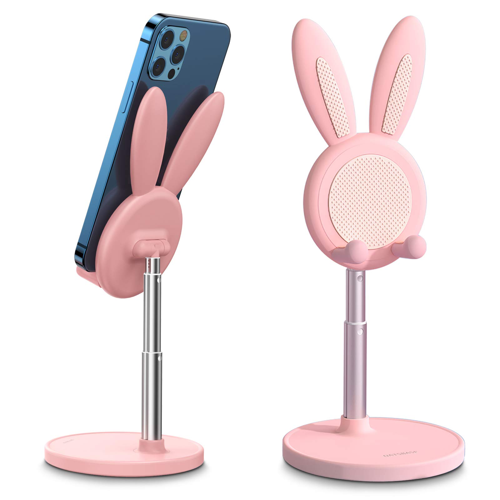 OATSBASF Adjustable Bunny Phone Stand - Cute Desk Holder for iPhone, iPad, Kindle, Nintendo Switch & All Smartphones - Thick Case Friendly - Perfect for Work, Study & Gaming (Pink)