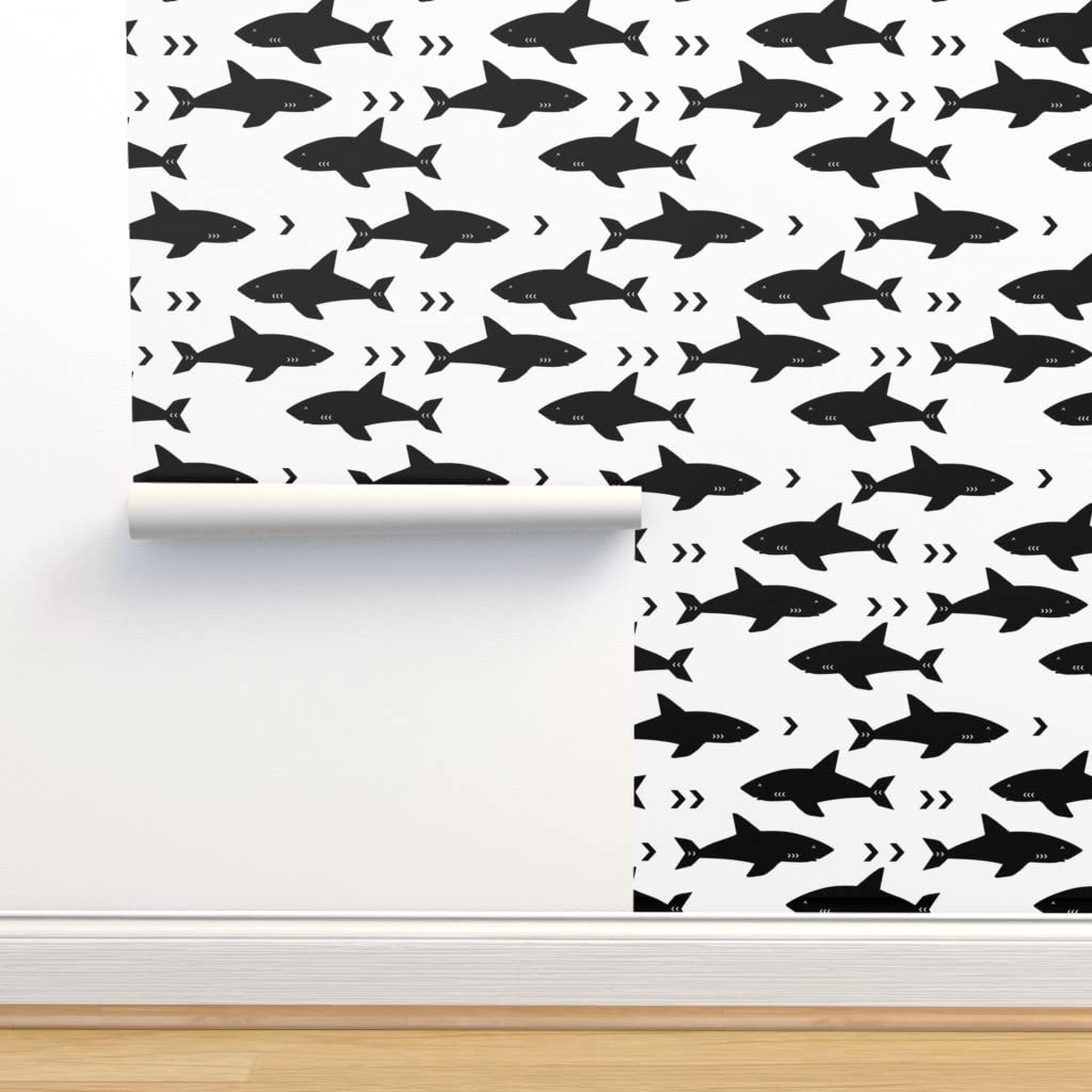 Removable Wallpaper Swatch - Sharks Minimal Chevron Black White Pattern | Pre-Pasted Peel & Stick Wallpaper for Boys Room, Nursery, Bathroom | Ocean Theme Custom Wall Decals by Spoonflower