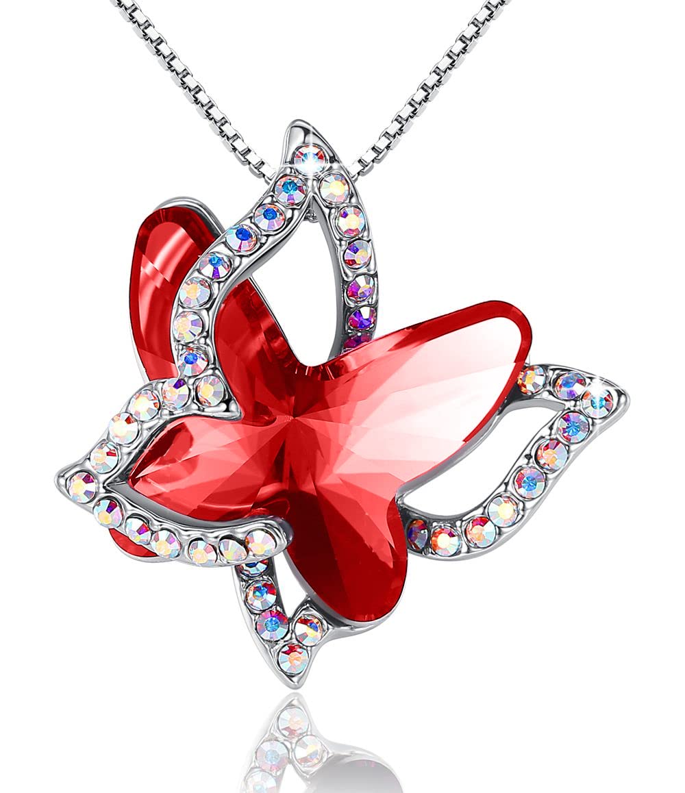 Birthstone Crystal Butterfly Necklace - Silver Tone with 18