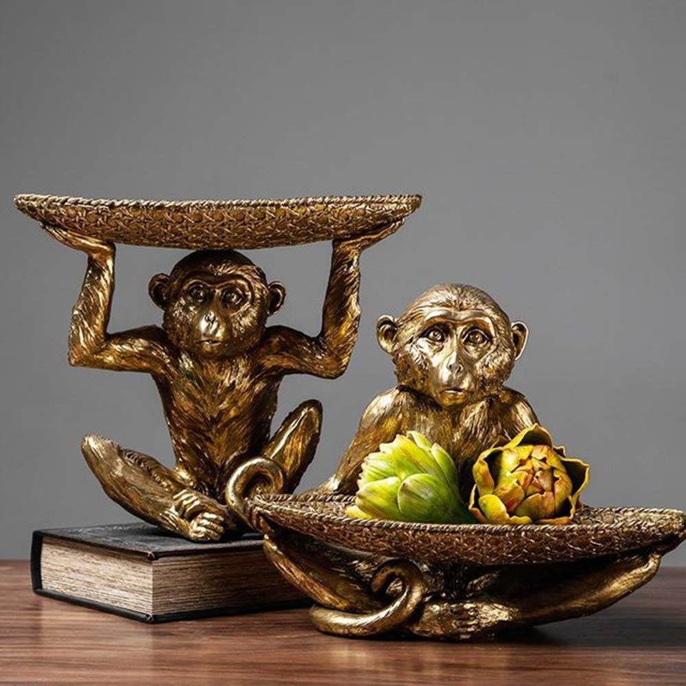 Elegant Gold-Finished Resin Monkey Statue with Woven Basket Tray - Home Decor Organizer for Potpourri, Fruits, Snacks, Keys & Jewelry | Perfect for Living Room, Bedroom & Office Decor