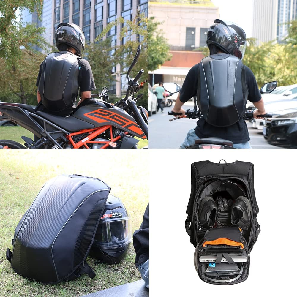 JFG RACING Motorcycle Backpack - Hard Shell Carbon Fiber Design, Waterproof Saddlebags for Men - Durable Riding Storage & Motorcycle Accessories - Perfect for Commuting, Road Trips & Adventure Travel