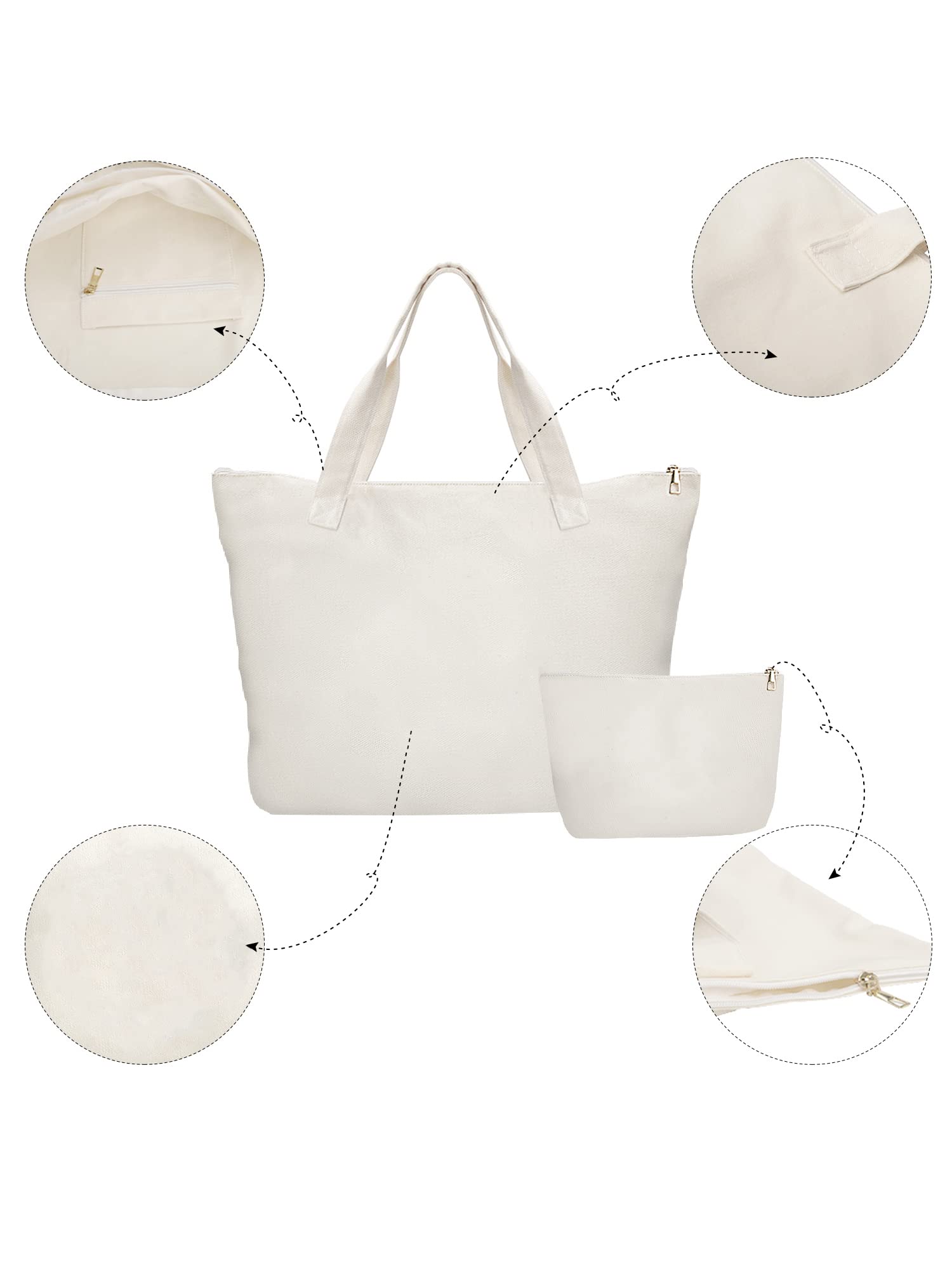 Reusable Blank Canvas Tote Bag with Inner Pocket & Top Zipper Closure - Eco-Friendly Grocery Shopping Bag, Makeup Organizer & DIY Gift for Women - Perfect for Shopping, Travel & Daily Use (White)