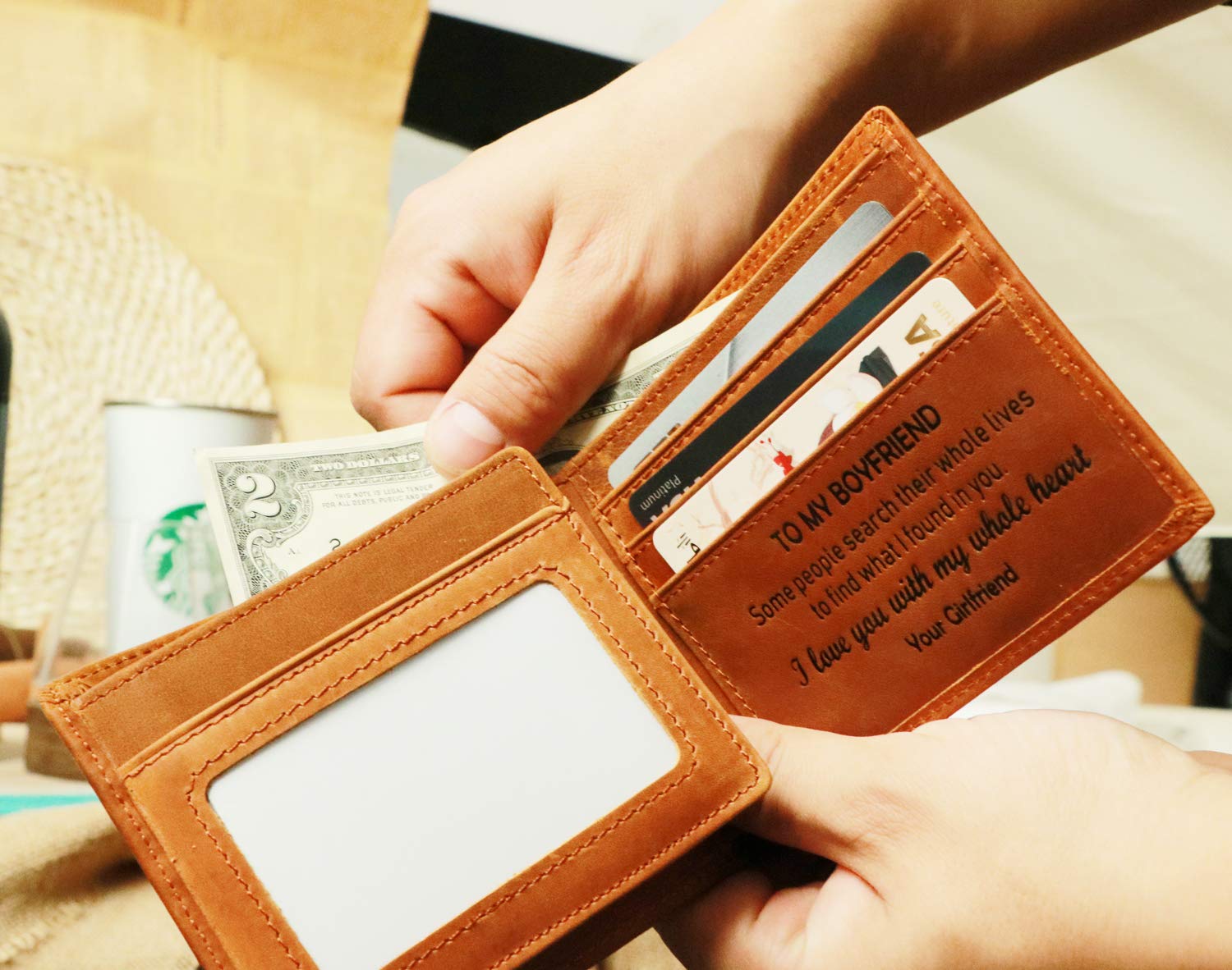 Personalized Engraved Trifold Leather Wallet for Men - Romantic Valentine's Day Gift for Boyfriend, Husband & Dad - Best Anniversary & Birthday Present Idea - Perfect for Everyday Use, Travel & Special Occasions