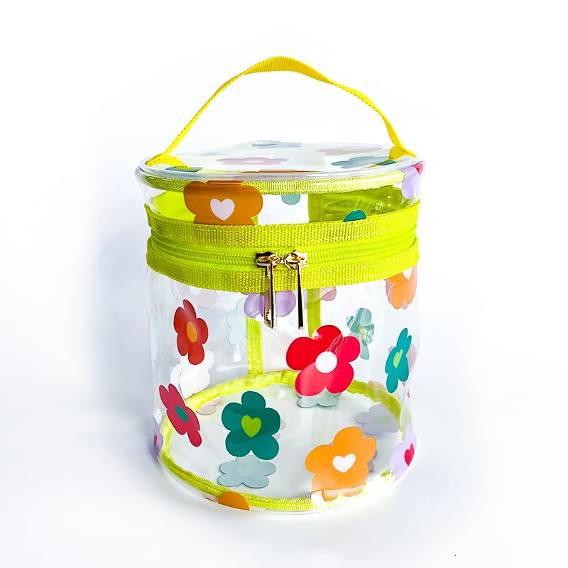 Printed Floral Clear Cylinder Travel Makeup Bag | Waterproof Cosmetic Pouch with Handle for Women & Girls | Perfect for Gym, Beach & Airplane Carry-On (D2064-3)