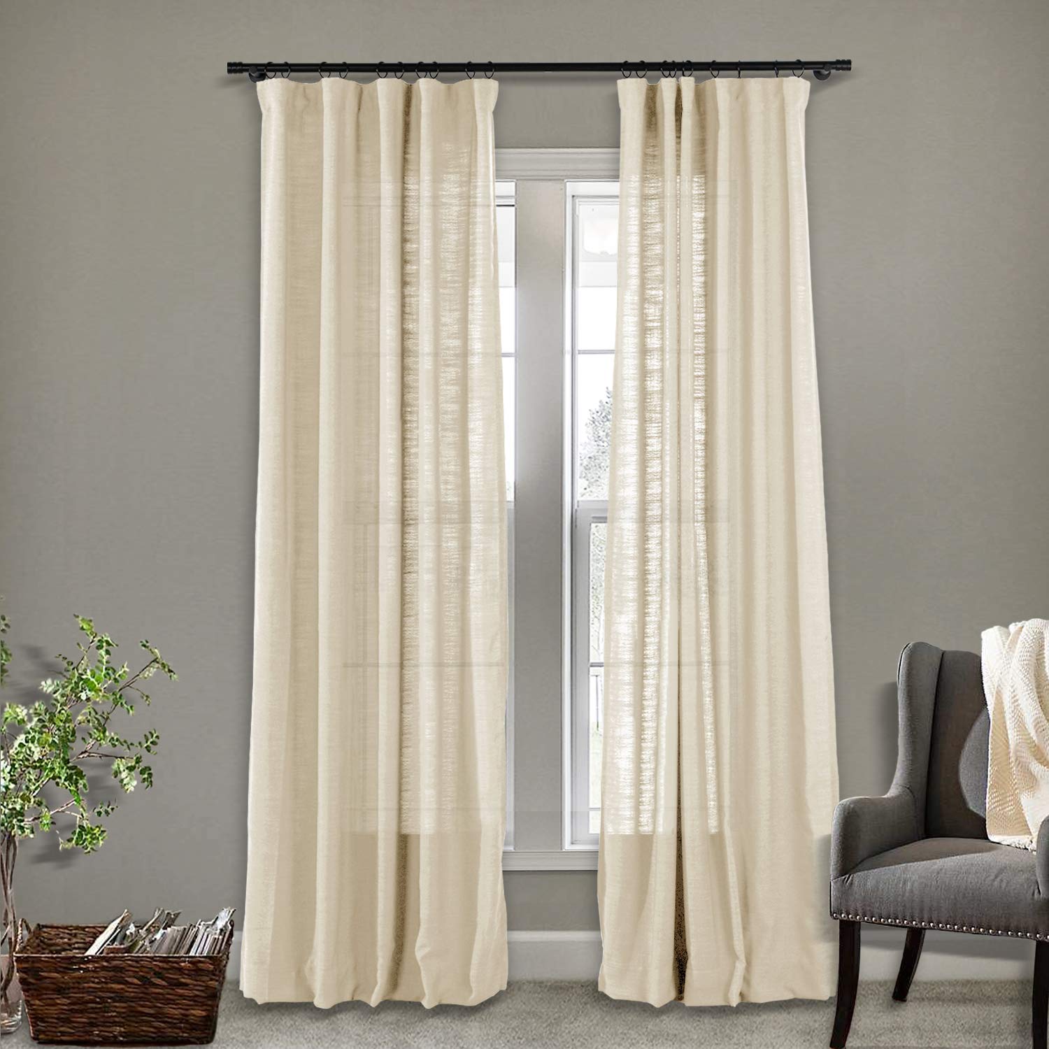 Frement Linen Curtains - 4-in-1 Header Textured Light Filtering & Blackout Drapes for Sliding Glass Doors & Kitchen Windows - Sand Beige 72