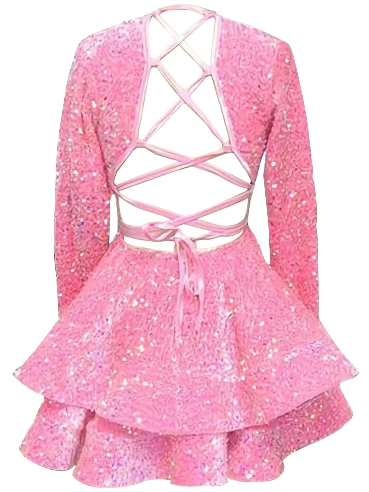 Sparkly Sequin Homecoming Dresses for Teens - V Neck Long Sleeve Short Prom Party Dress for Girls | Perfect for Homecoming, Prom, Quinceañera & Special Occasions