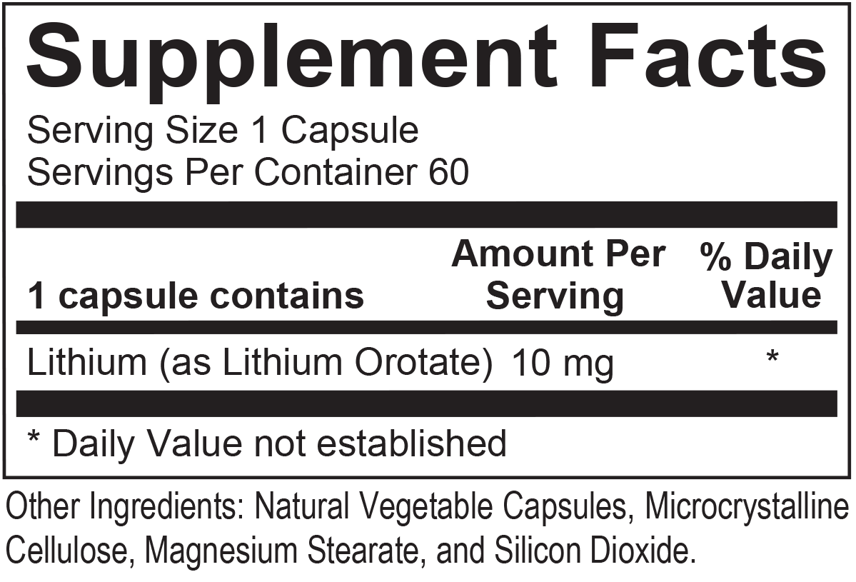 Lithium Orotate 10mg 60 Capsules - Natural Mood Support Supplement for Stress Relief & Emotional Balance - Perfect for Daily Wellness Routine