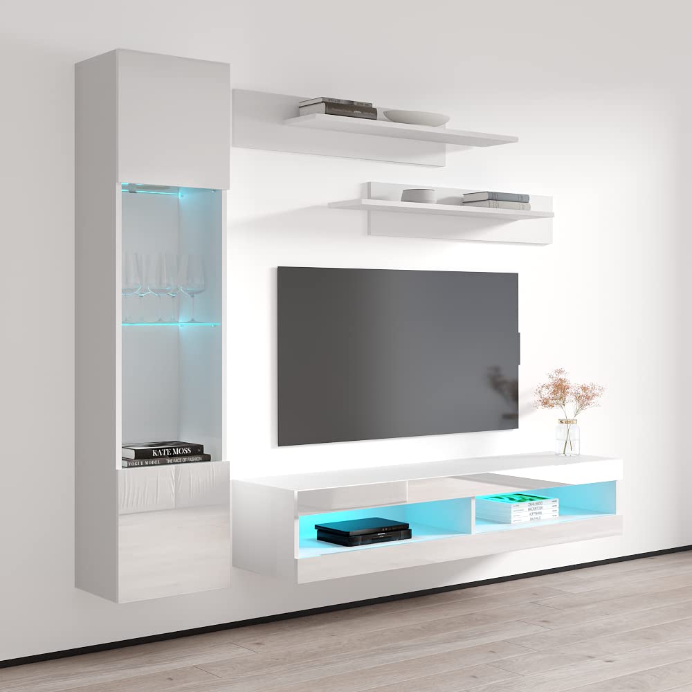 Modern White Wall-Mounted TV Stand with Storage Shelves & LED Lights - Floating Entertainment Center Console for Bedroom & Living Room - Perfect for Small Spaces & Home Theater Setup - Meble Furniture Fly G3 34TV Stand