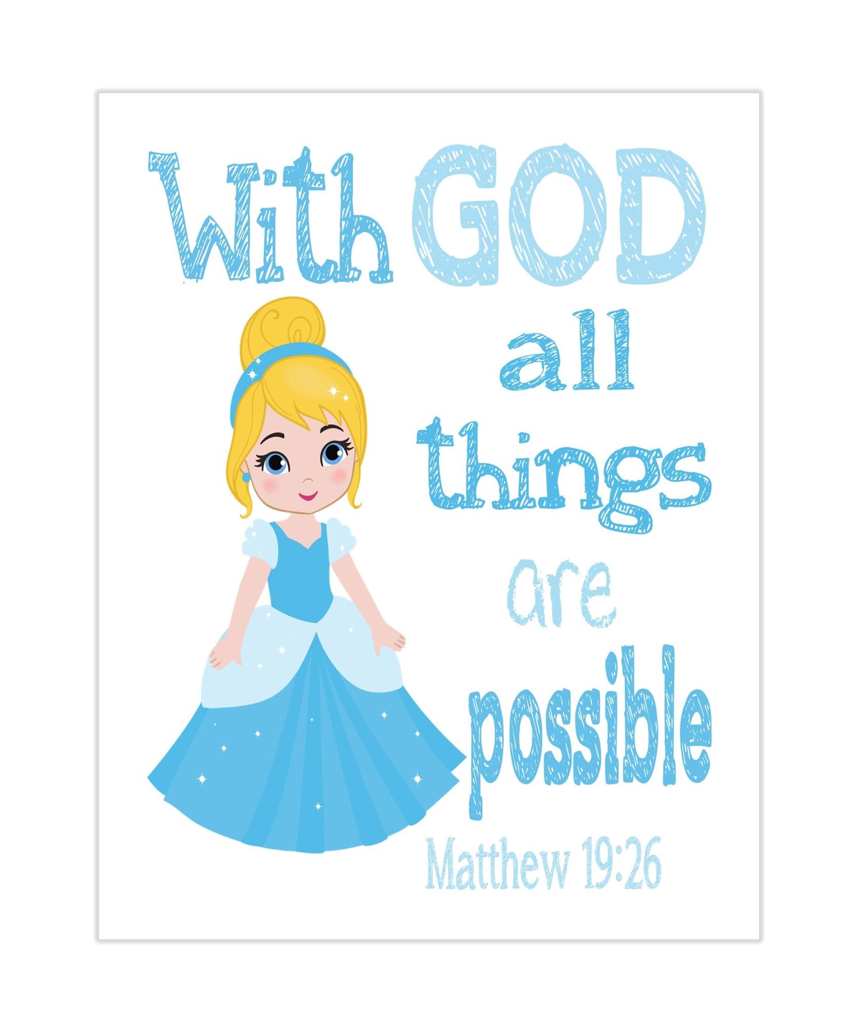 Cinderella Princess Christian Nursery Decor - Matthew 19:26 Print for Baby Room