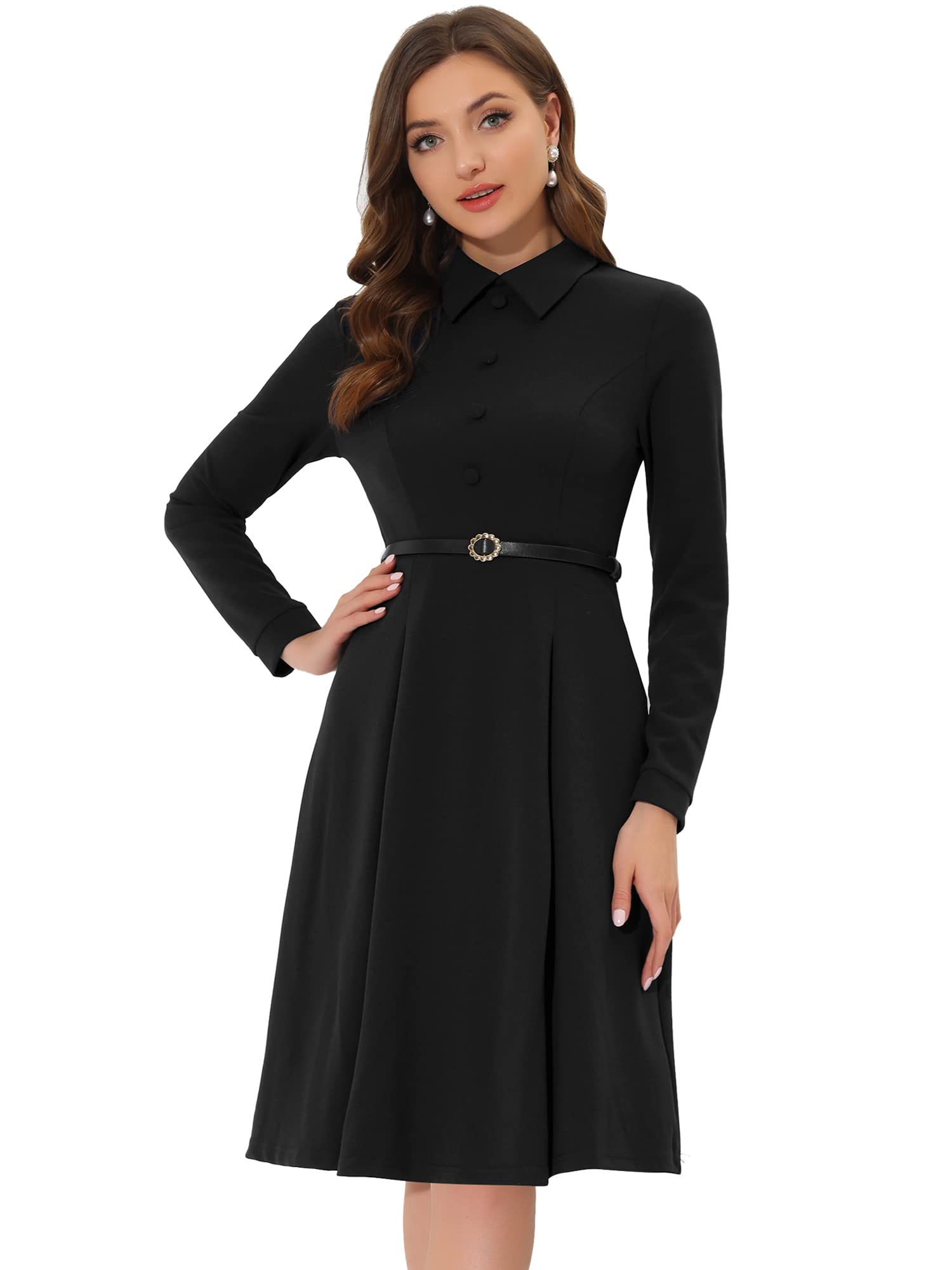 Allegra K Women's Elegant Long Sleeve Button Down Belted Fit & Flare Dress - X-Large Black | Formal Office Wear, Cocktail Party & Special Occasion Outfit