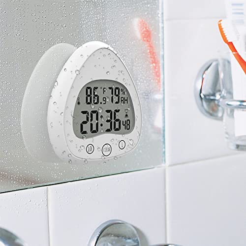 Lancoon Digital Wall Clock - Silent Waterproof Shower Clock with Temperature & Humidity Sensor, Suction Hook & Bracket - Perfect for Bathroom, Kitchen & Office (White)