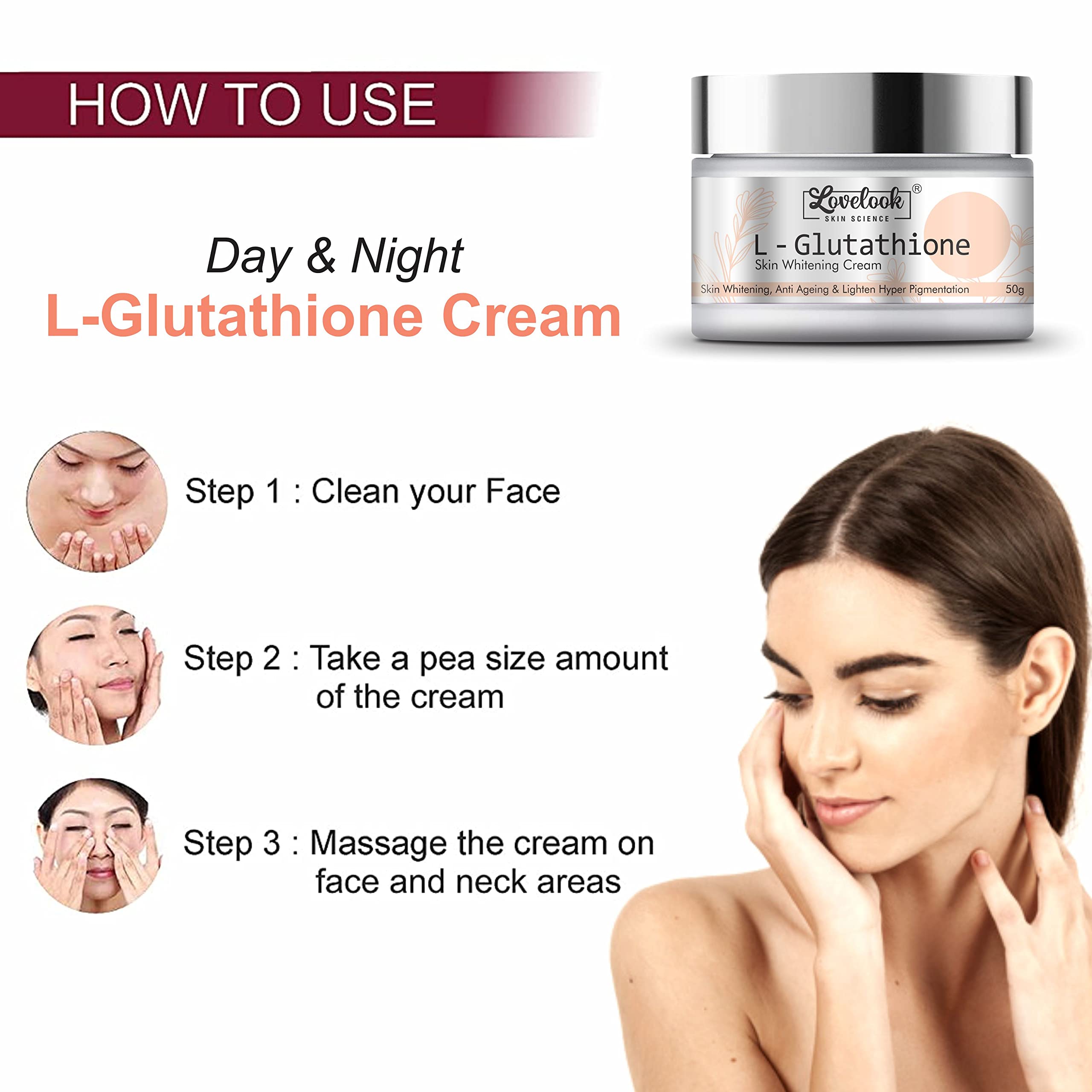 Lovelook L-Glutathione Cream for Skin Whitening & Anti-Aging | Brightening Face Moisturizer for Glass Skin Effect | 50g | Day & Night Use for Radiant Complexion
