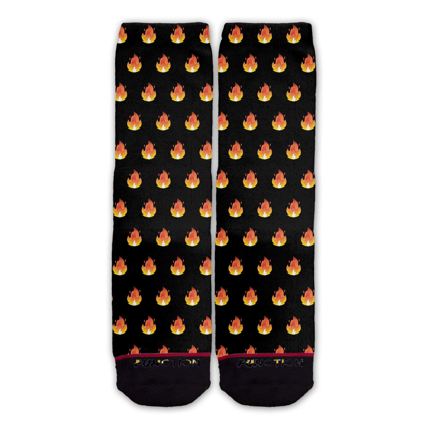 Function - Fire Flame Lit AF Blaze Heat Icon Emoticon Pattern Black Fashion Socks | Trendy Cartoon Crew Socks for Men & Women | Perfect for Casual Wear, Gifts, and Street Style Outfits