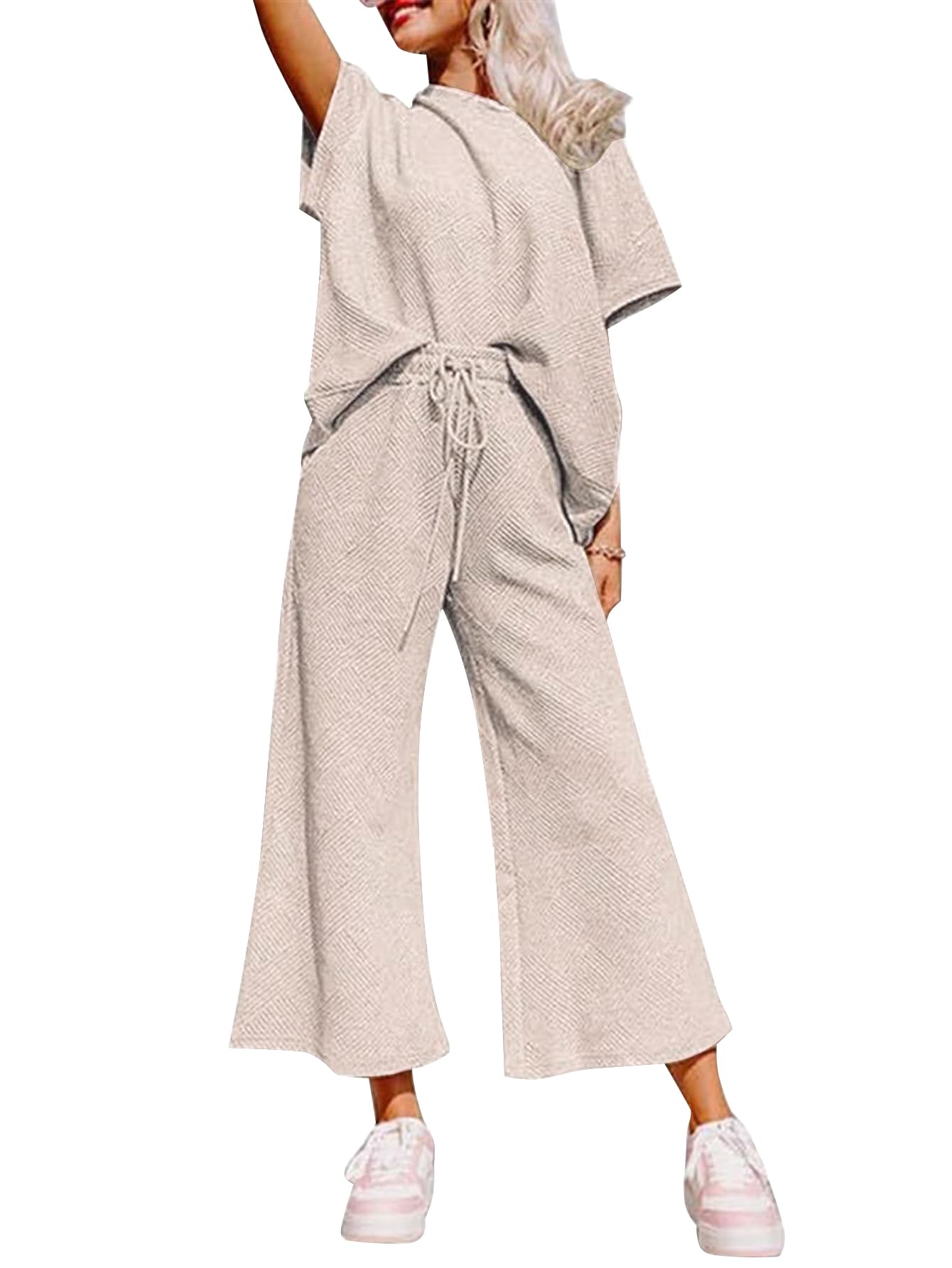 YKR Women's 2-Piece Lounge Set - Soft Knit Short Sleeve Pullover Top & Wide Leg Pants - Comfortable Summer Outfit 2024 - Perfect for Home Relaxation, Yoga, and Casual Outings