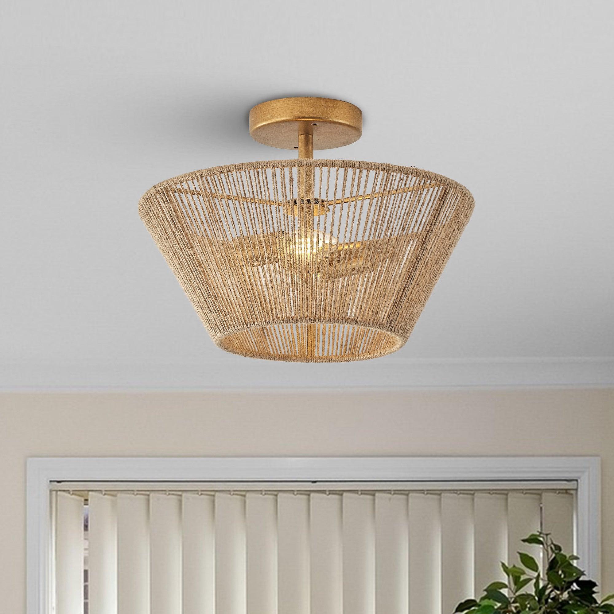 Farmhouse 2-Light Flush Mount Ceiling Light with Natural Rattan Rope - Perfect for Kitchen, Dining Room, Bedroom & Boho Home Decor