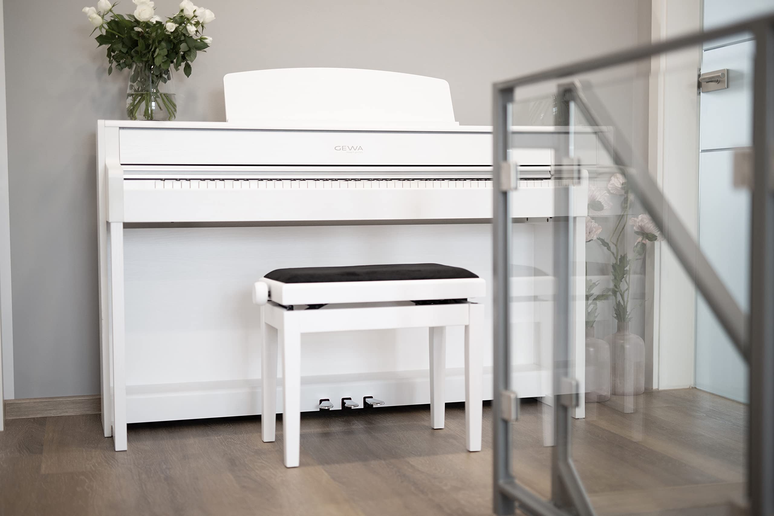 Premium Gewa Deluxe Piano Bench - Adjustable Height, White Frame with Black Seat - Perfect for Home, Studio & Concert Use