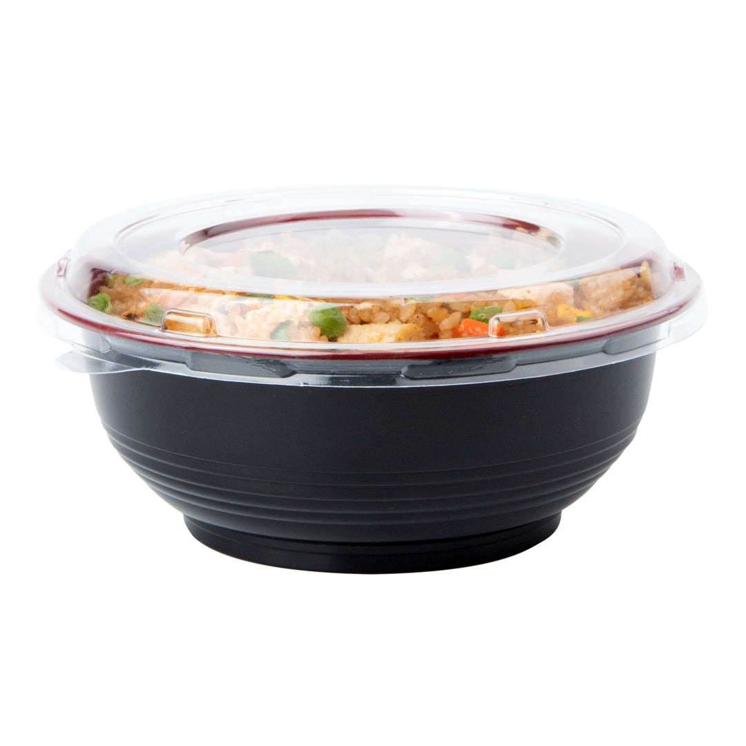 24oz Black & Red Plastic Panda Bowl with Clear Lid - Microwave Safe Asian Style Rice/Noodle Bowl (6.5