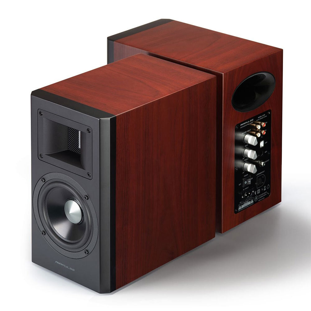 Airpulse A100 Active Wireless Bluetooth Bookshelf Speakers with WiiM Mini Streamer - Premium Cherry Wood Finish | Perfect for Home Theater, Gaming & Music Listening