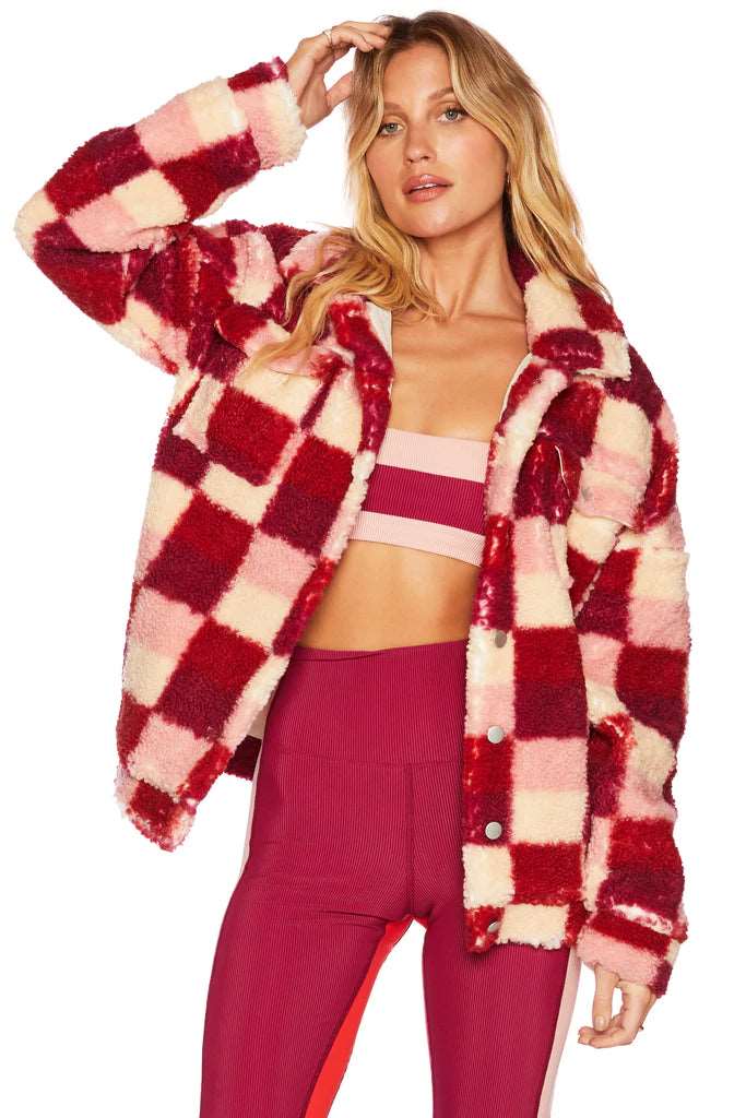 Beach Riot Women's Laurie Jacket - Sangria Red Checkered Lightweight Cover-Up for Beach, Pool & Summer Outings