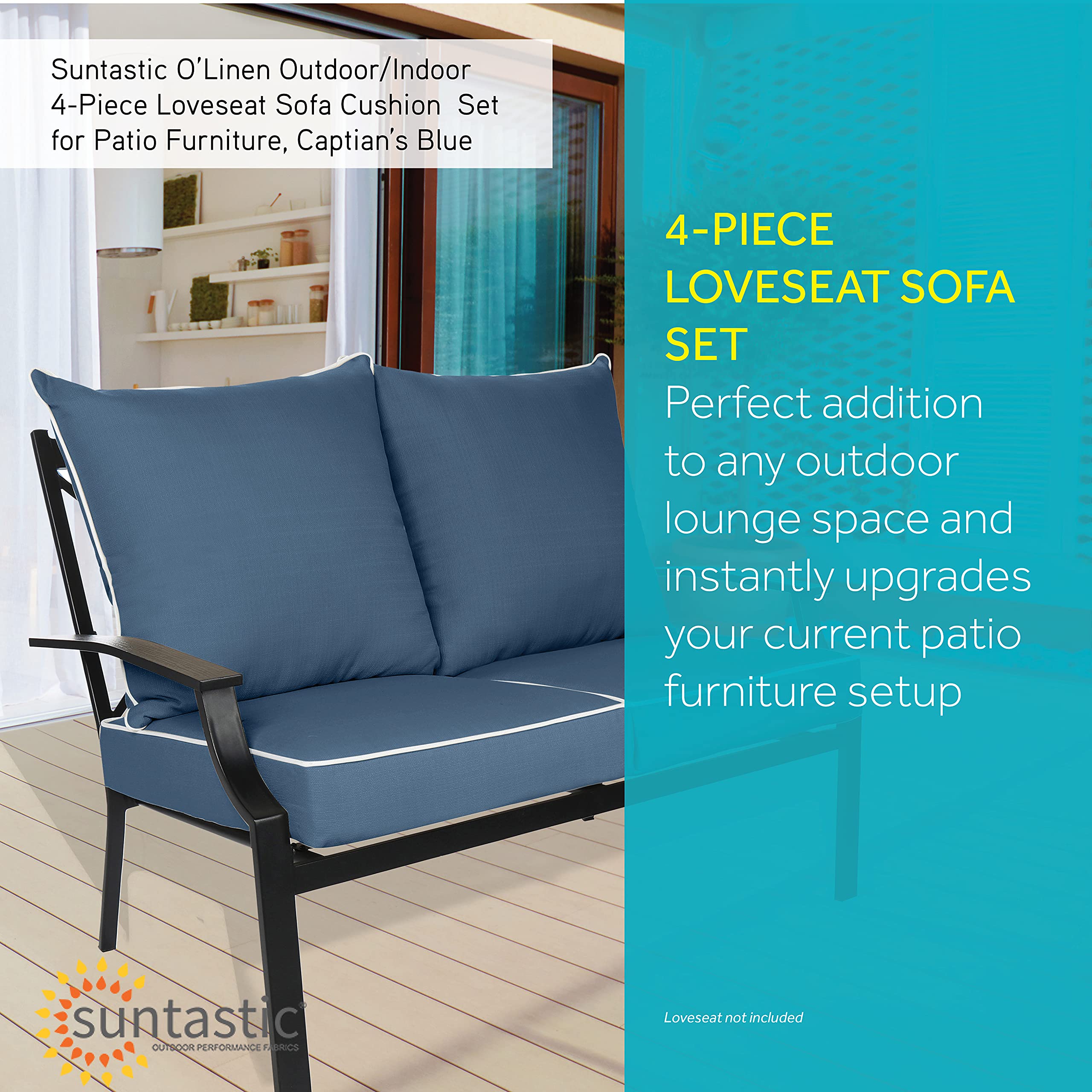 Suntastic O'Linen 2-Piece Deep Seat Cushion Set for Patio Furniture - Water-Resistant Outdoor/Indoor Sofa Cushions in Captain's Blue - Perfect for Deck Chairs, Porch Swings & Garden Seating