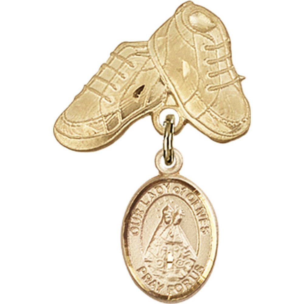 Gold Filled Baby Badge with Our Lady of Olives Charm & Baby Boots Pin - 1 X 5/8 Inch Religious Jewelry for Baptism, Christening & First Communion Gifts
