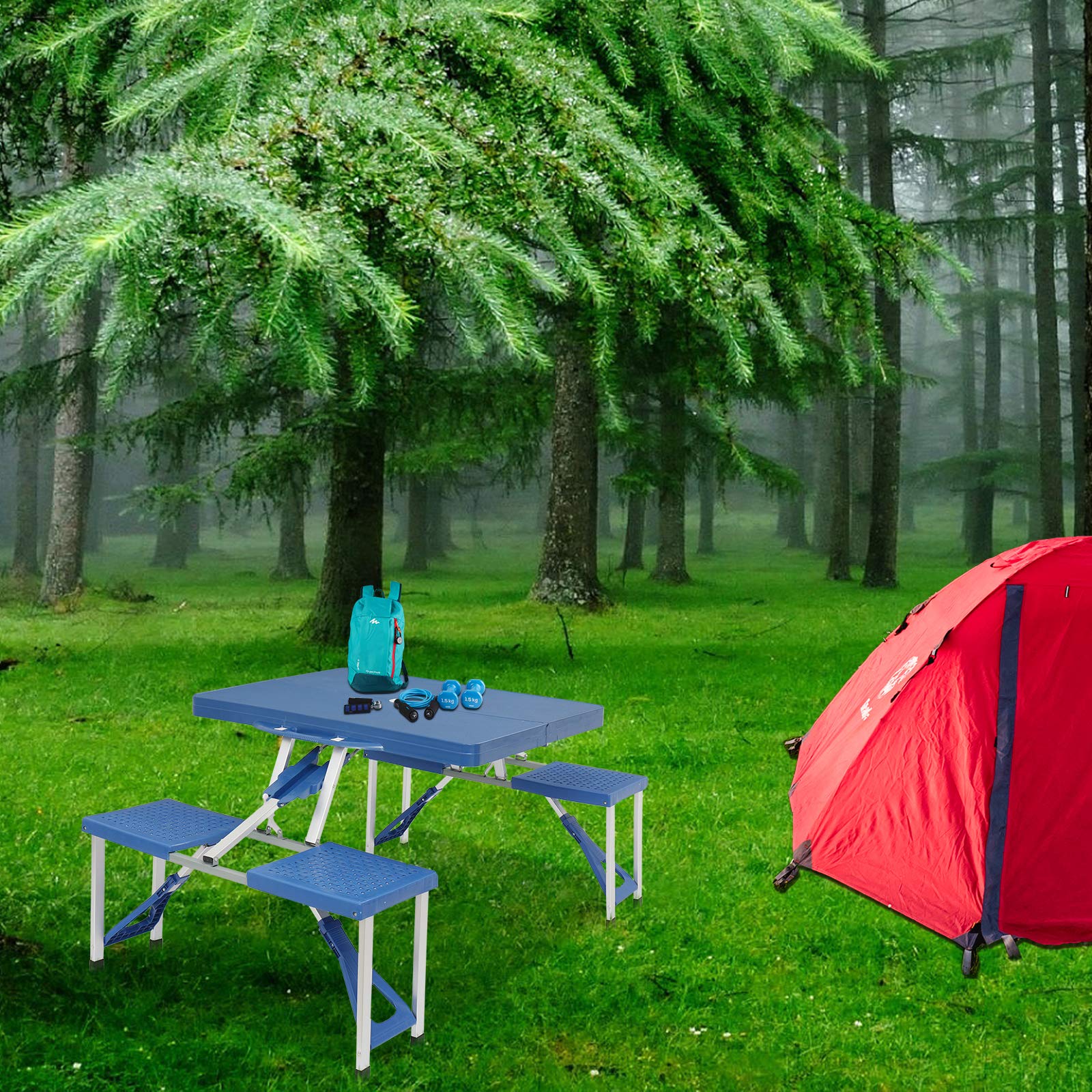 Portable Folding Picnic Table with 4 Seats - Lightweight Camping Table for Outdoor Travel, Beach, Backyard & Patio - Includes Umbrella Hole & Carry Handle (Blue) - Perfect for Camping, Picnics, BBQs & Tailgating