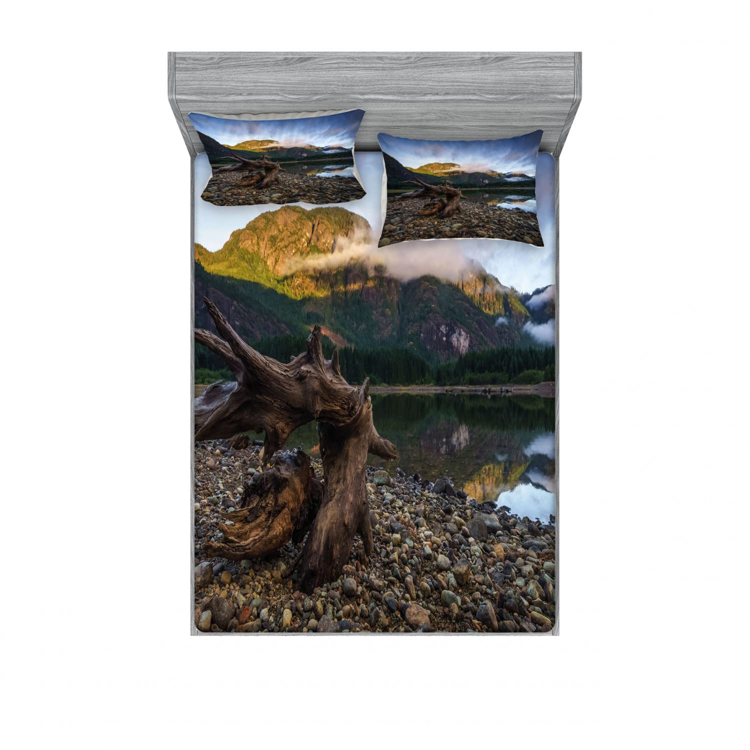 Ambesonne 2-Pack Full Size Fitted Sheets & Pillow Sham Set - Mountain Lake Landscape Design, Blue & Brown 4-Piece Bedding Set for Cozy Bedroom Decor | Perfect for Guest Rooms, Vacation Homes & Nature-Themed Bedrooms