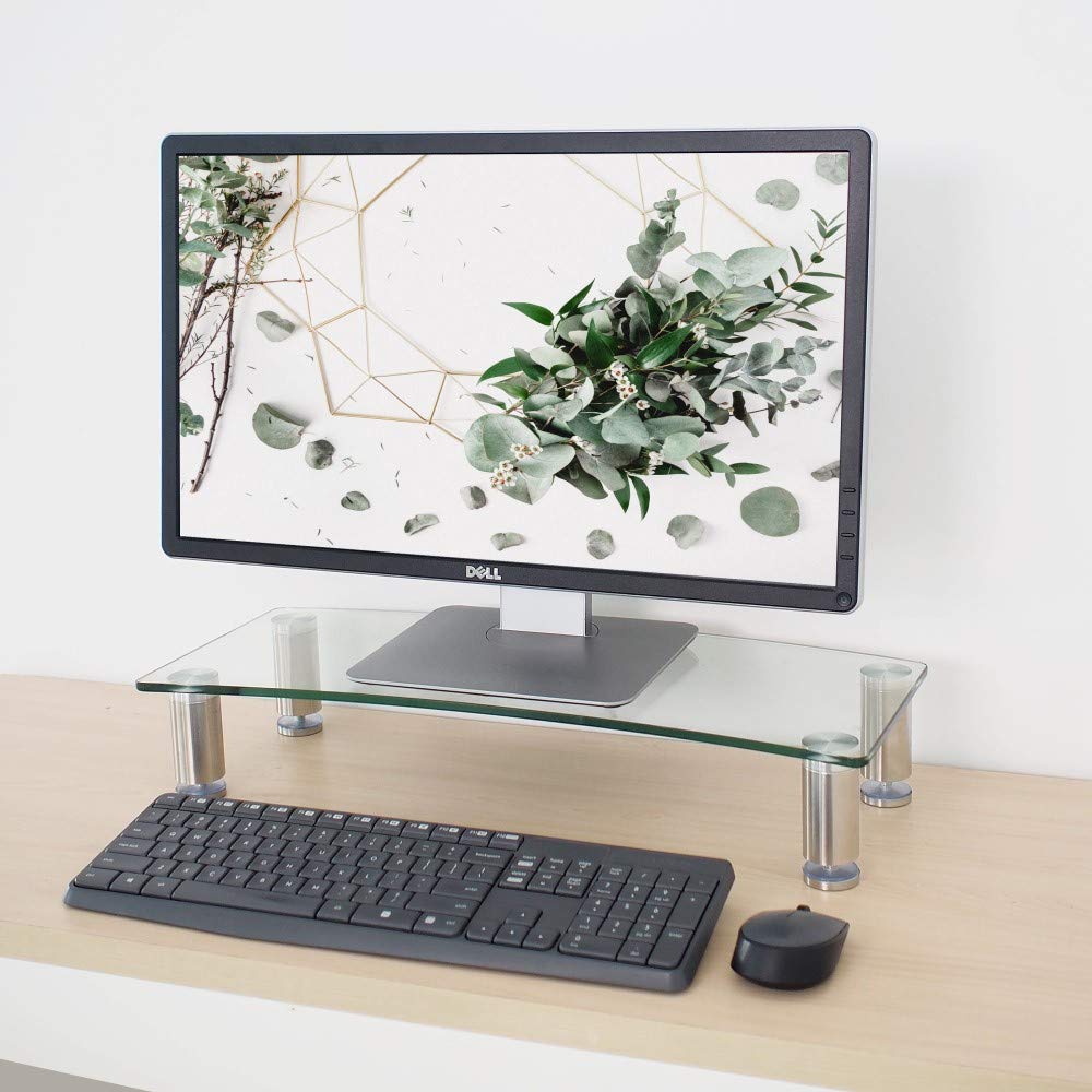 Adjustable Monitor Stand Riser for Desk - Clear Curved Glass with Aluminum Legs (56 x 24cm) - Ergonomic Computer Screen Riser for Laptops, TVs & Workstations | Perfect for Home Office, Gaming Setup & Workspace Organization