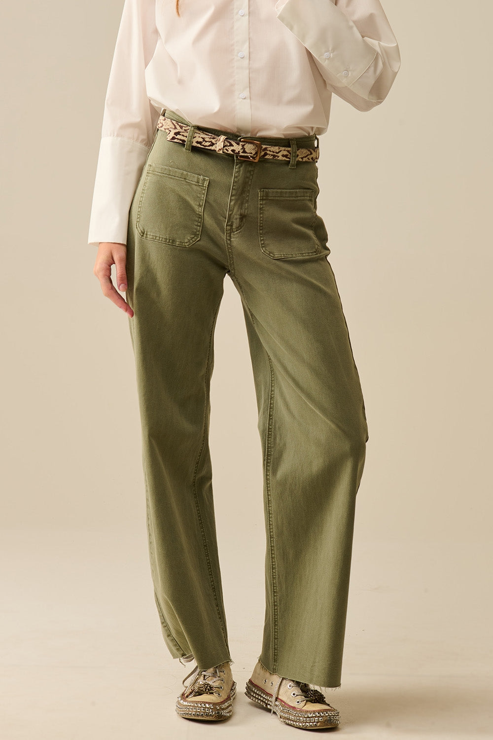 Khaki Wide Leg Pants with Front Pockets - Comfortable Casual Trousers for Women, Perfect for Office Wear, Travel & Everyday Outfits