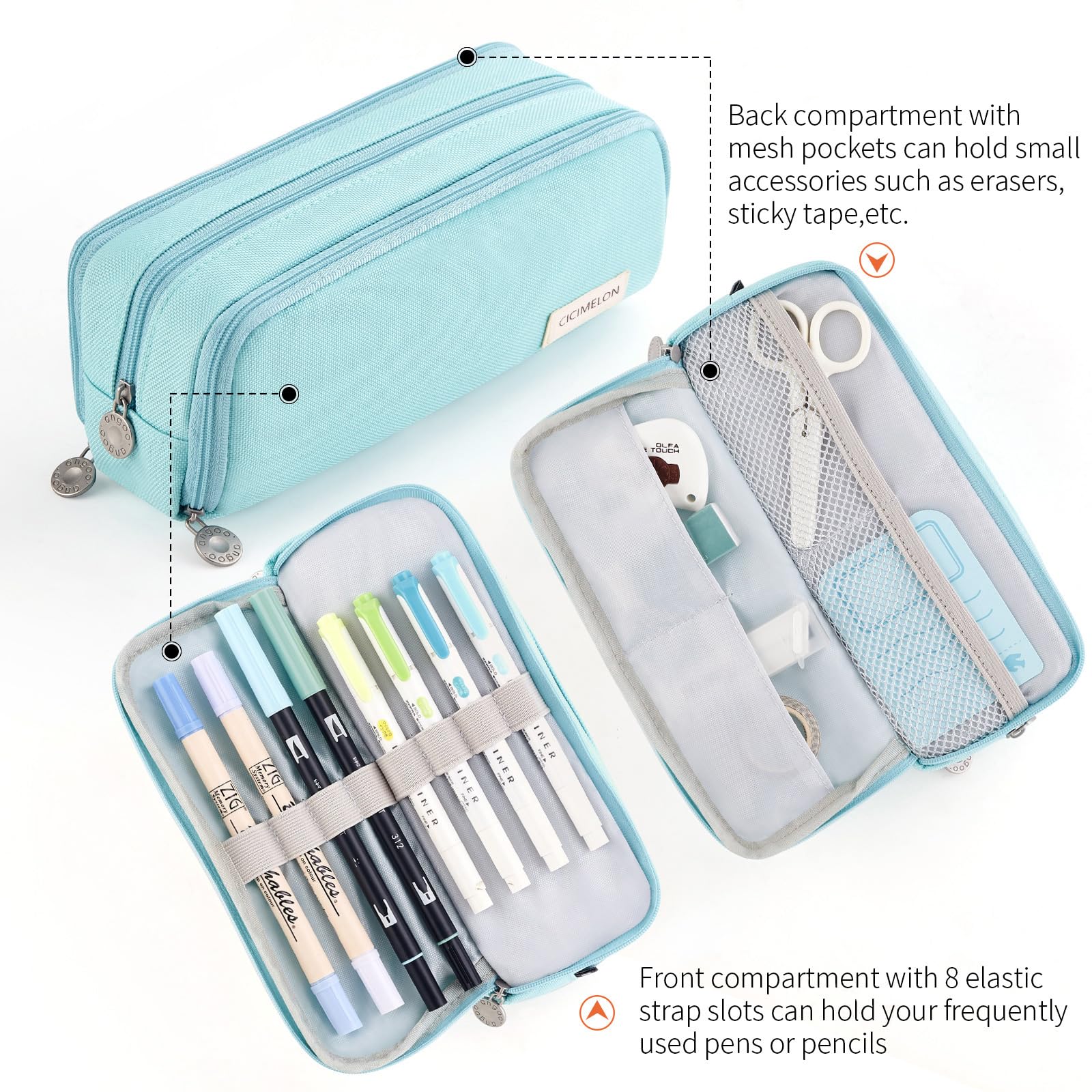 CICIMELON Large Capacity Pencil Case with 3 Compartments - Light Blue School Supplies Organizer for Students, Girls, Women & Adults | Perfect for School, Office, Travel & Art Storage