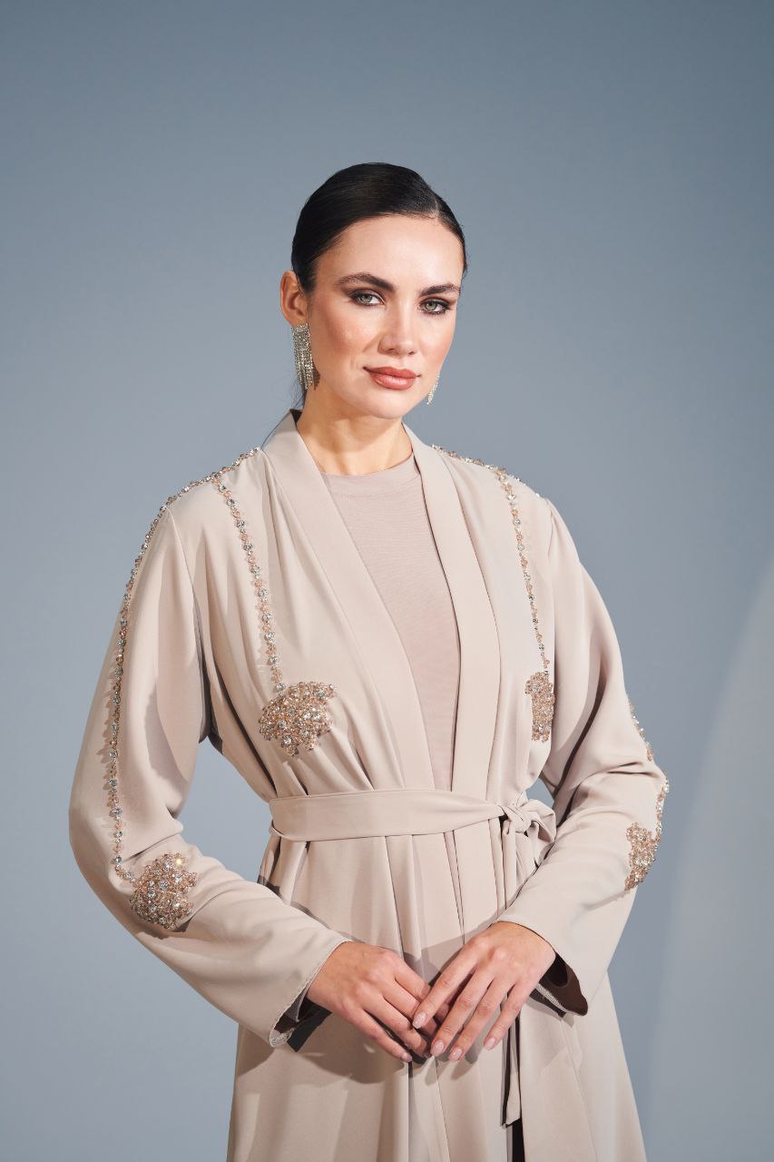 Handmade Embellished Open Front Kimono & Abaya with Belt - Boho Chic Cover Up for Women, Beach Wedding, Lounge Wear, Muslim Prayer Dress