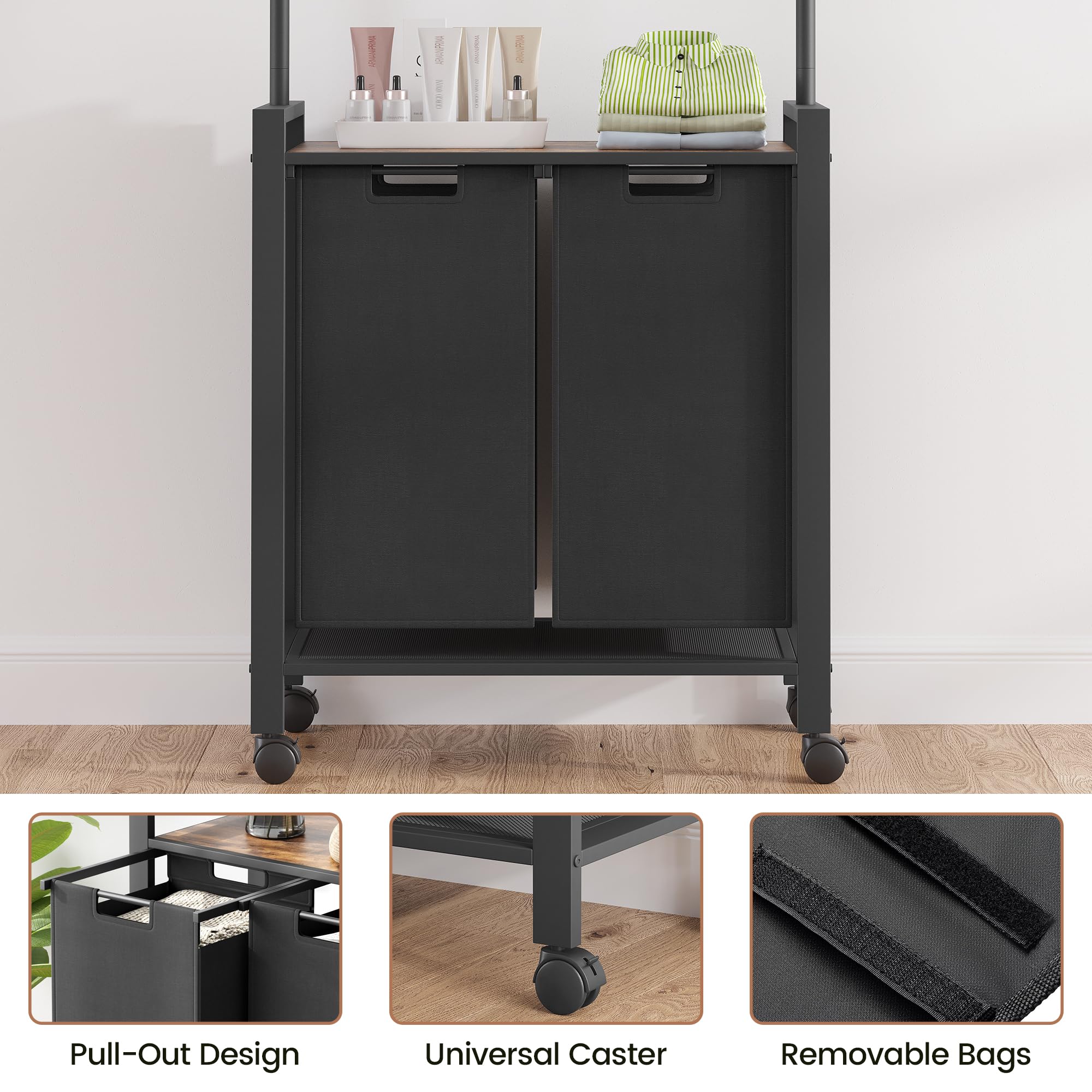2-Section Rolling Laundry Hamper with Hanging Bar & Wheels - Heavy Duty Clothes Organizer for Bedroom, Bathroom, Dorm - Perfect for Sorting Dirty Clothes & Hanging Garments