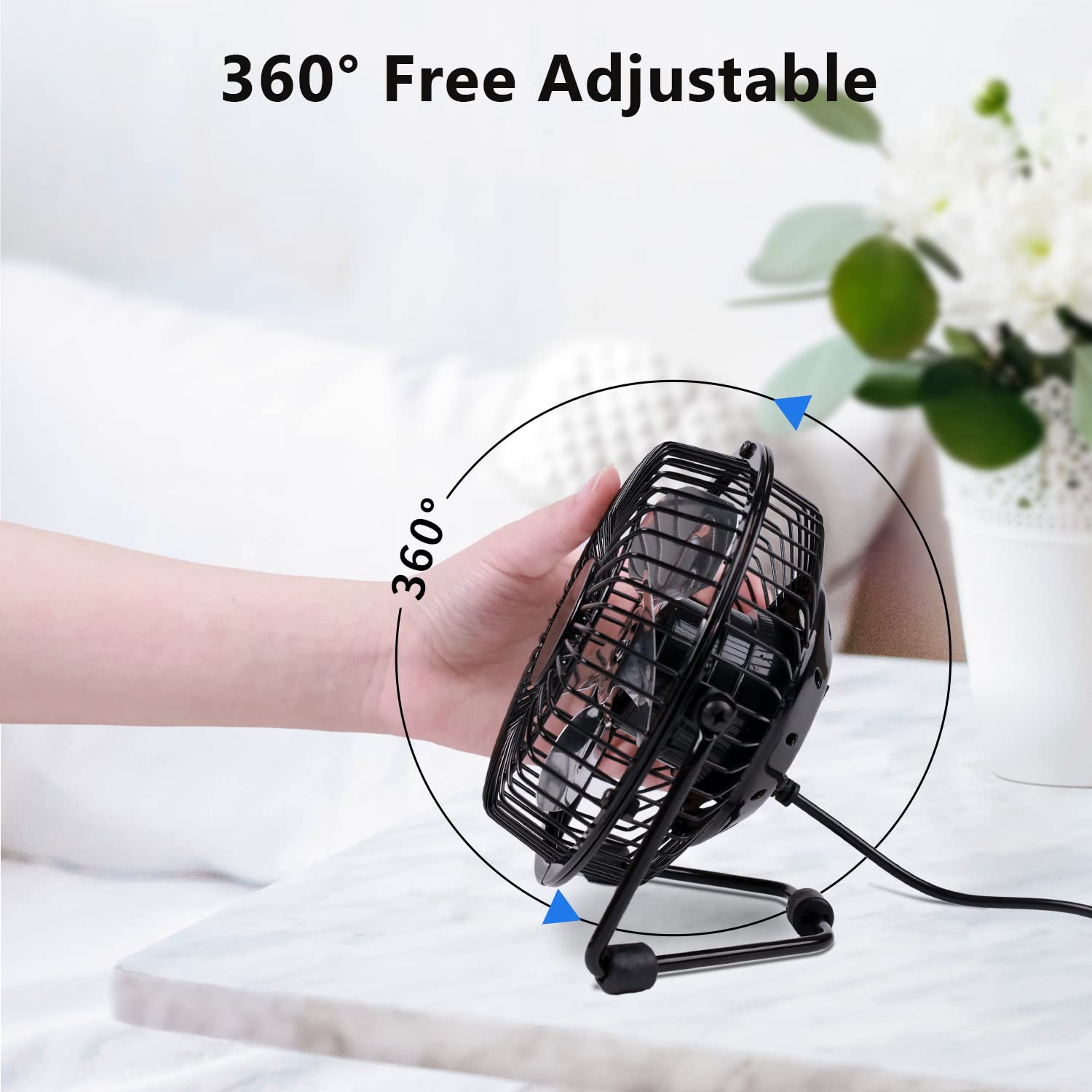 Zuvas 4 Inch USB Desk Fan - Quiet Small Portable Table Fan with 360° Rotation & 2 Speed Settings - Mini Personal Cooling Fan for Home, Office, Bedroom, Travel, Camping - Perfect for Work Desks, Nightstands, and Outdoor Adventures (Black)