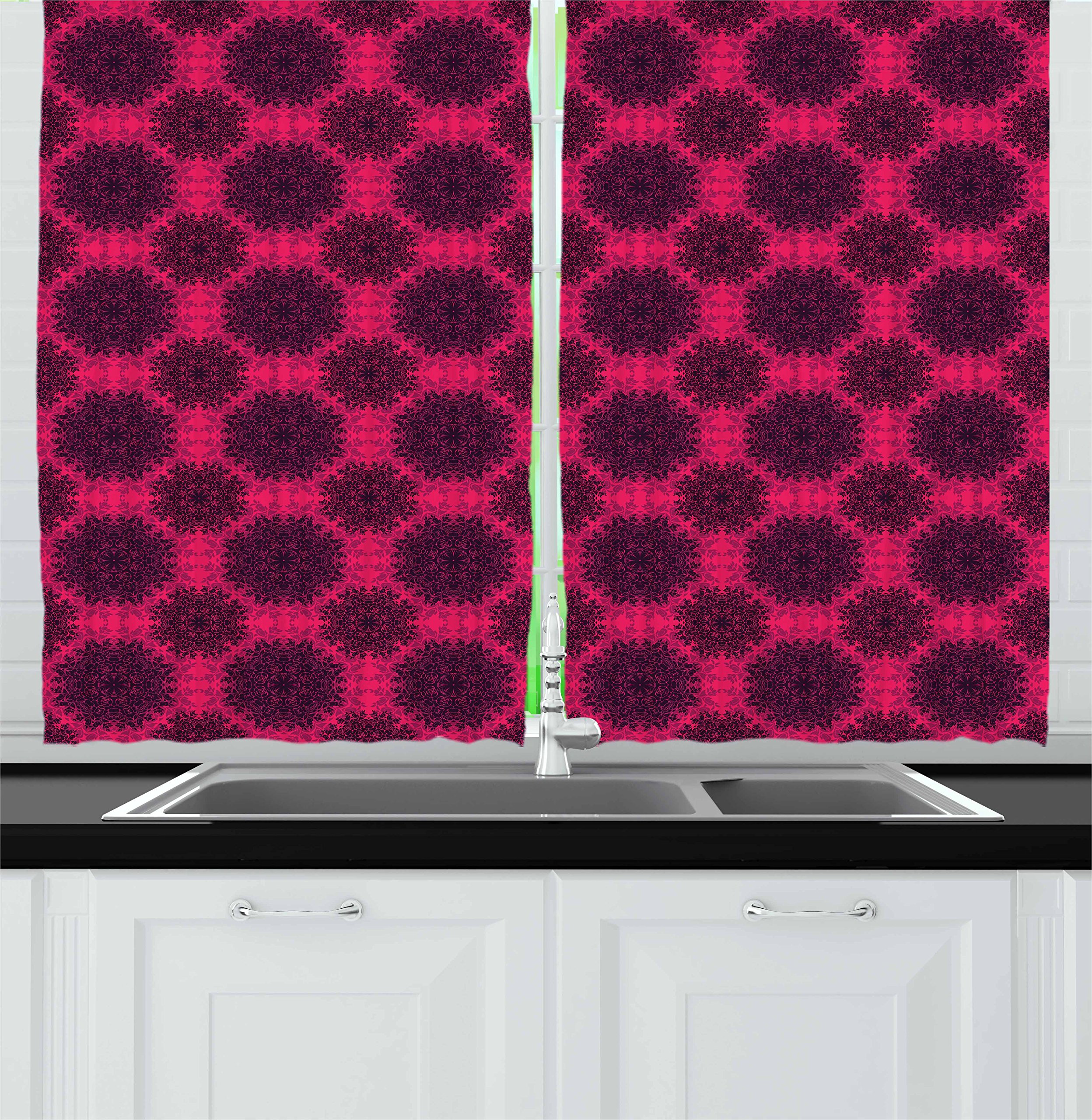 Ambesonne Floral Kitchen Curtains Set of 2 Panels - Baroque Gothic Rose Mandala Design with Psychedelic Effects, 55