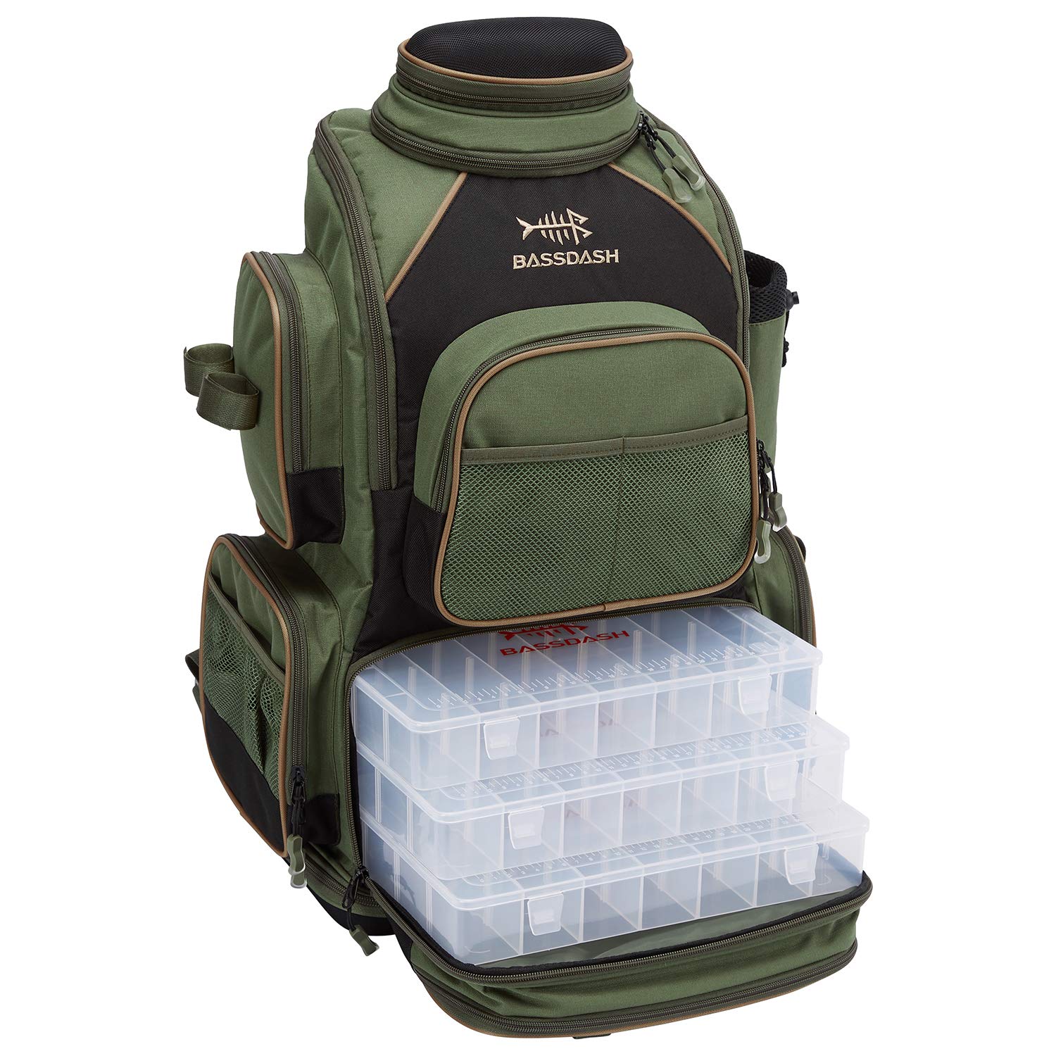 BassDash Waterproof Fishing Tackle Backpack - Lightweight Tactical Gear Bag with Rod Holder & Rain Cover - Perfect for Freshwater & Saltwater Anglers, Kayak Fishing, and Outdoor Adventures