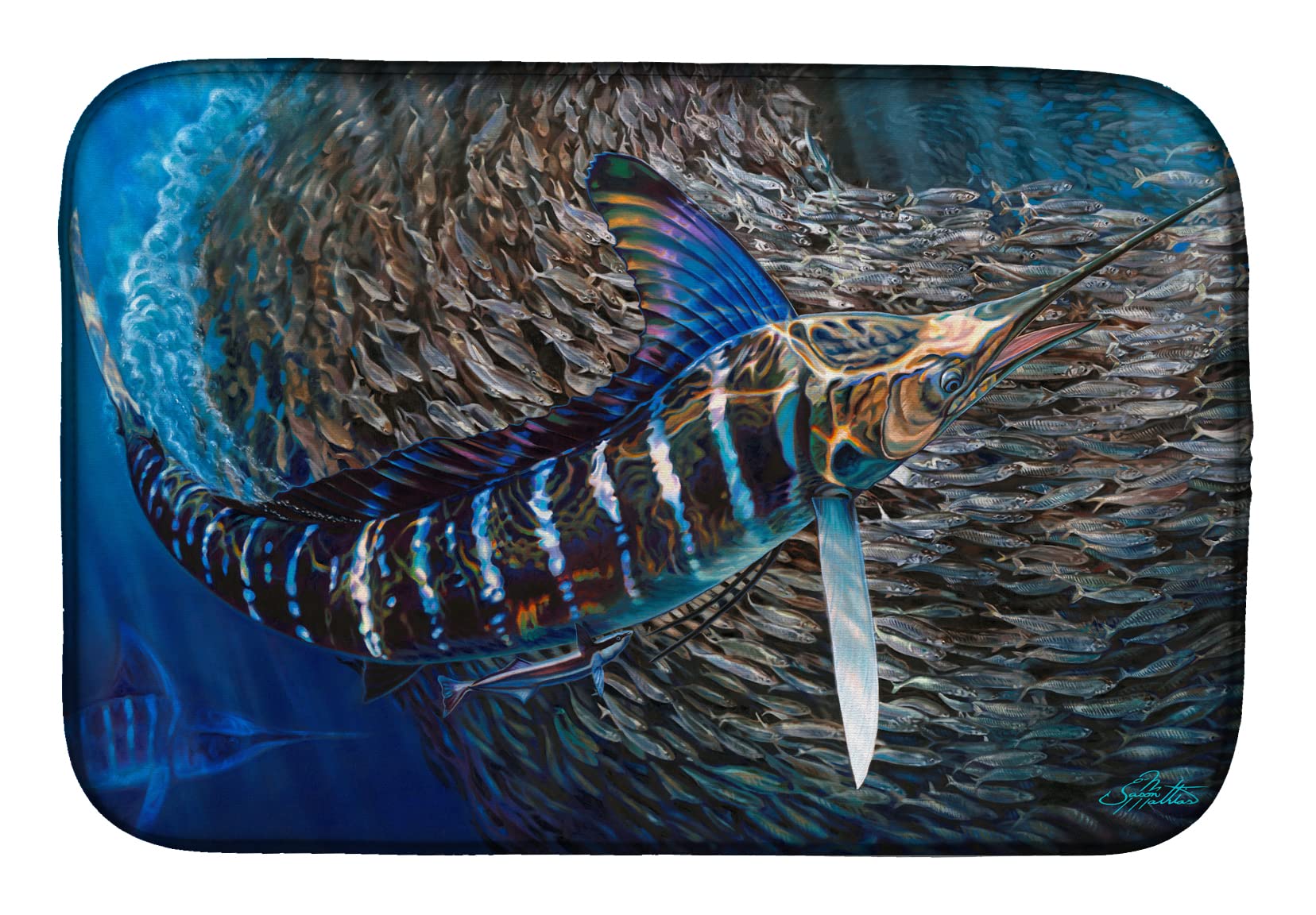 Striped Marlin Dish Drying Mat - Absorbent Kitchen Counter Mat for Dishes | 14 x 21 Inch Multicolor Non-Slip Drainer Pad | Perfect for Countertop Protection & Utensil Drying