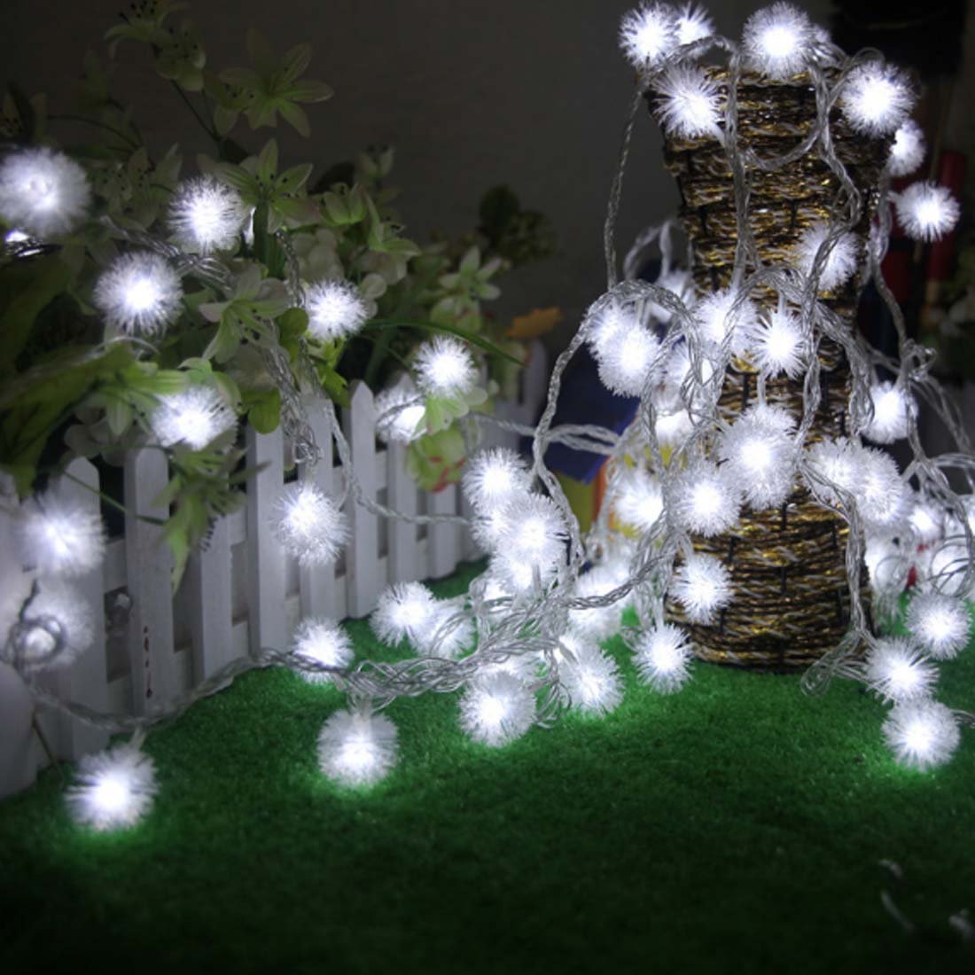 40 LED 16.5ft Battery Operated Furry Snowball String Lights - Dandelion Fairy Lights for Christmas, Wedding, Party & Home Decor (White) | Indoor Outdoor Holiday Decorations, Bedroom, Garden, Patio Lighting