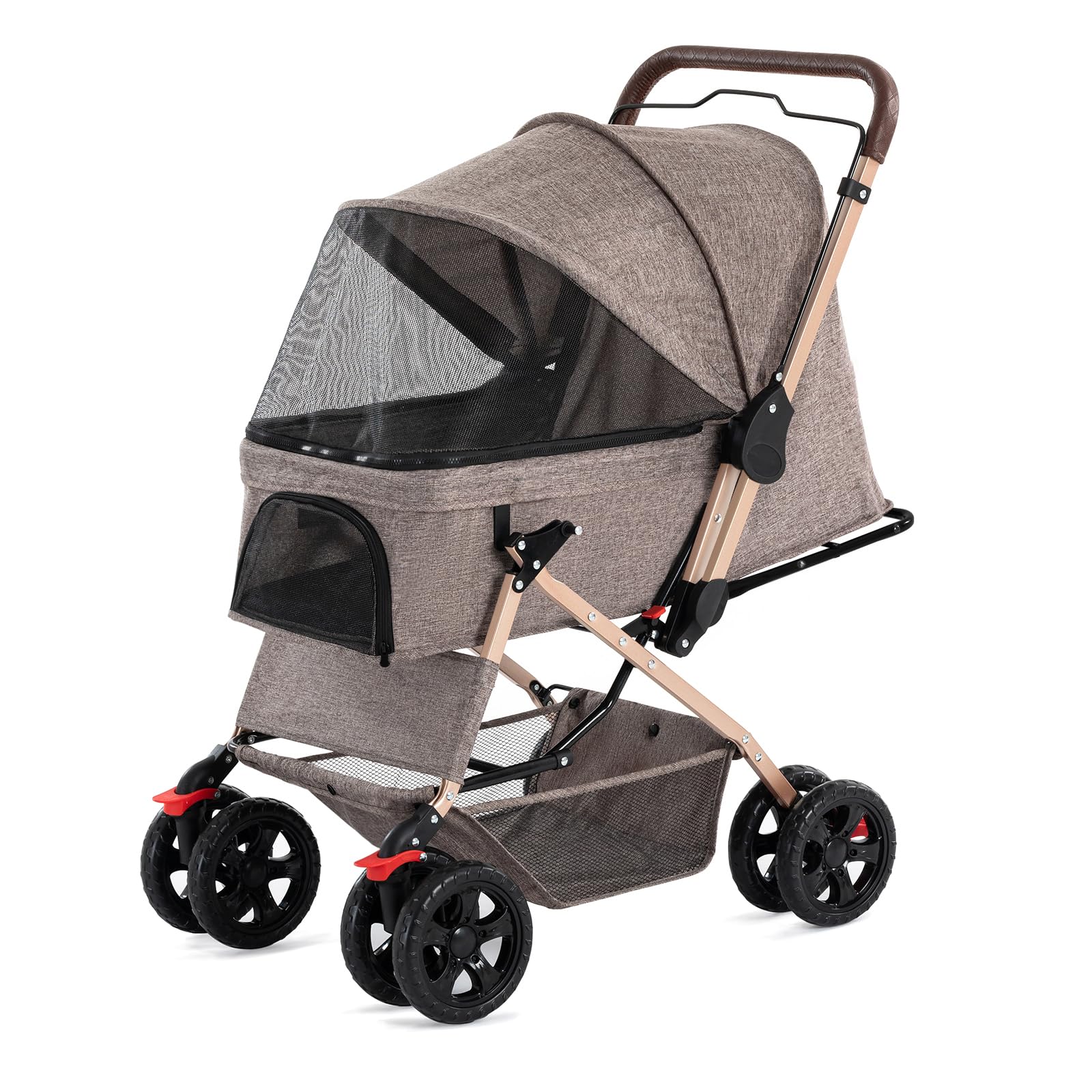 Premium Pet Stroller for Small & Medium Dogs & Cats - 4-Wheel Folding Carrier with Weatherproof Cover & Storage Basket - Ideal for Outdoor Walks, Vet Visits & Travel (Gold)