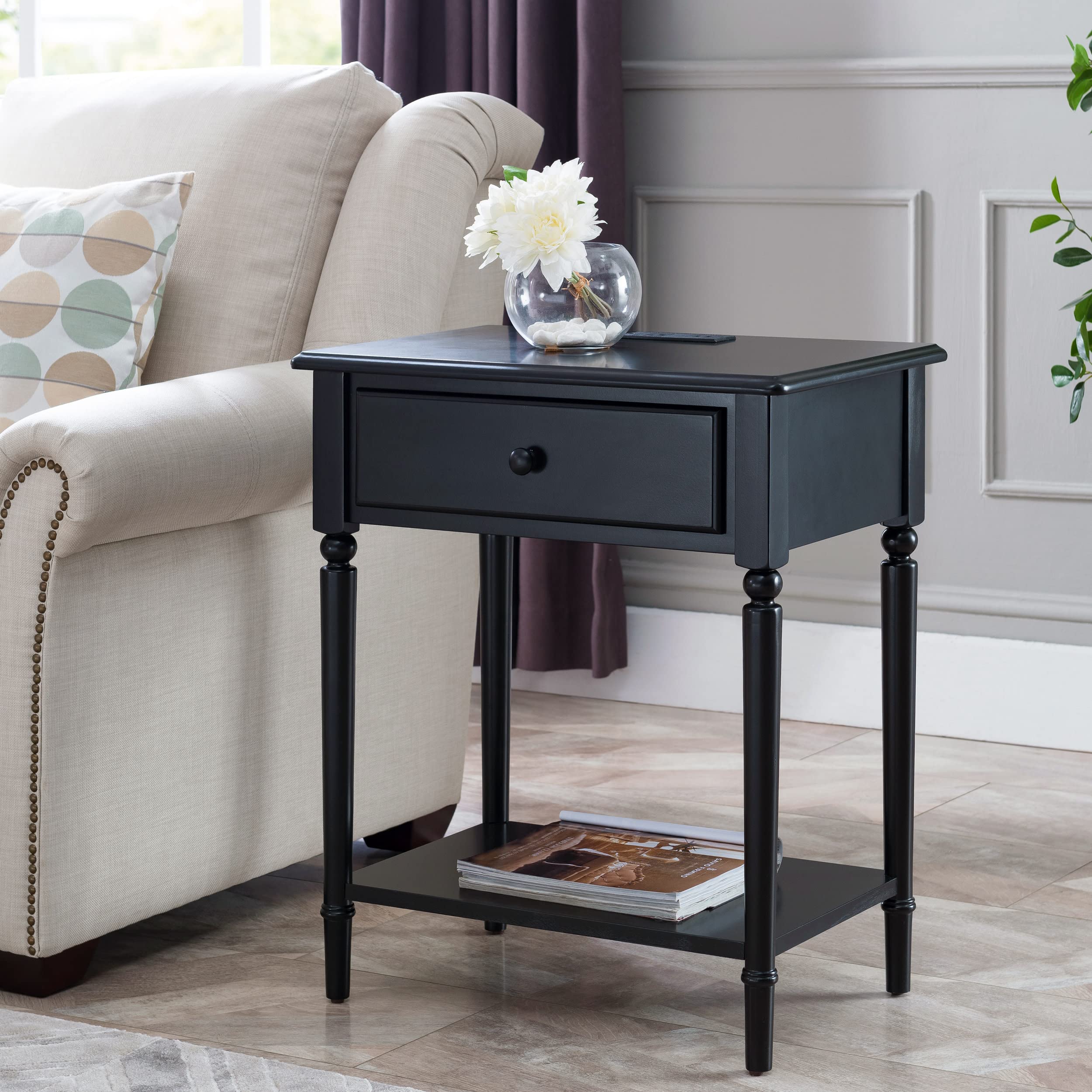 Coastal Nightstand with USB-C Fast Charging Station - Solid Wood Swan Black Side Table for Bedroom, Living Room & Small Spaces - Modern End Table with Storage Shelf - Perfect for Charging Devices & Organizing Essentials - Leick Home 20022-BK